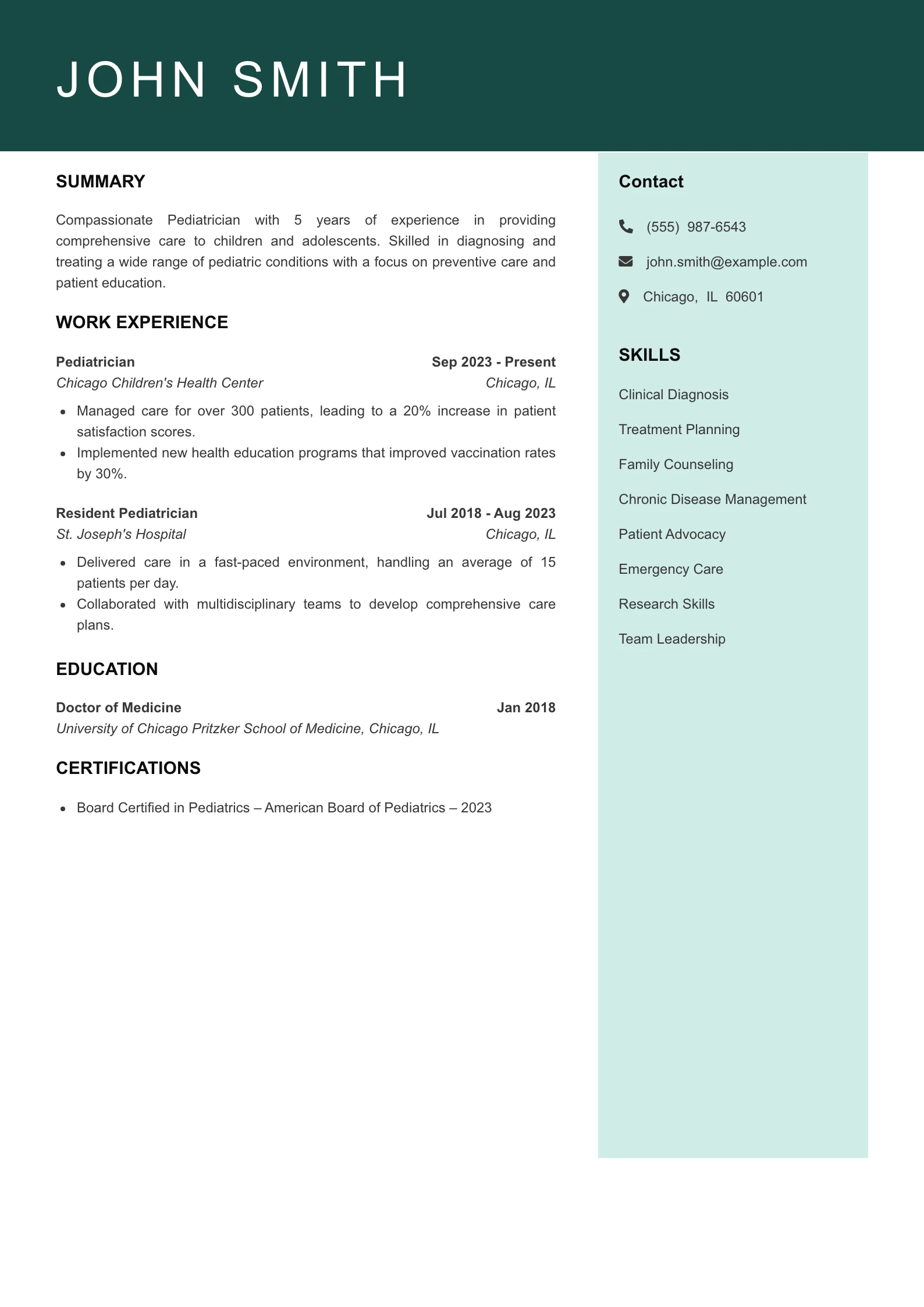 Mid Level Pediatrician Resume Example