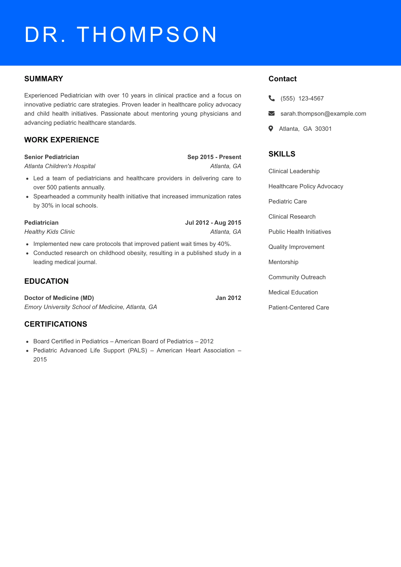 Senior Level Pediatrician Resume Sample