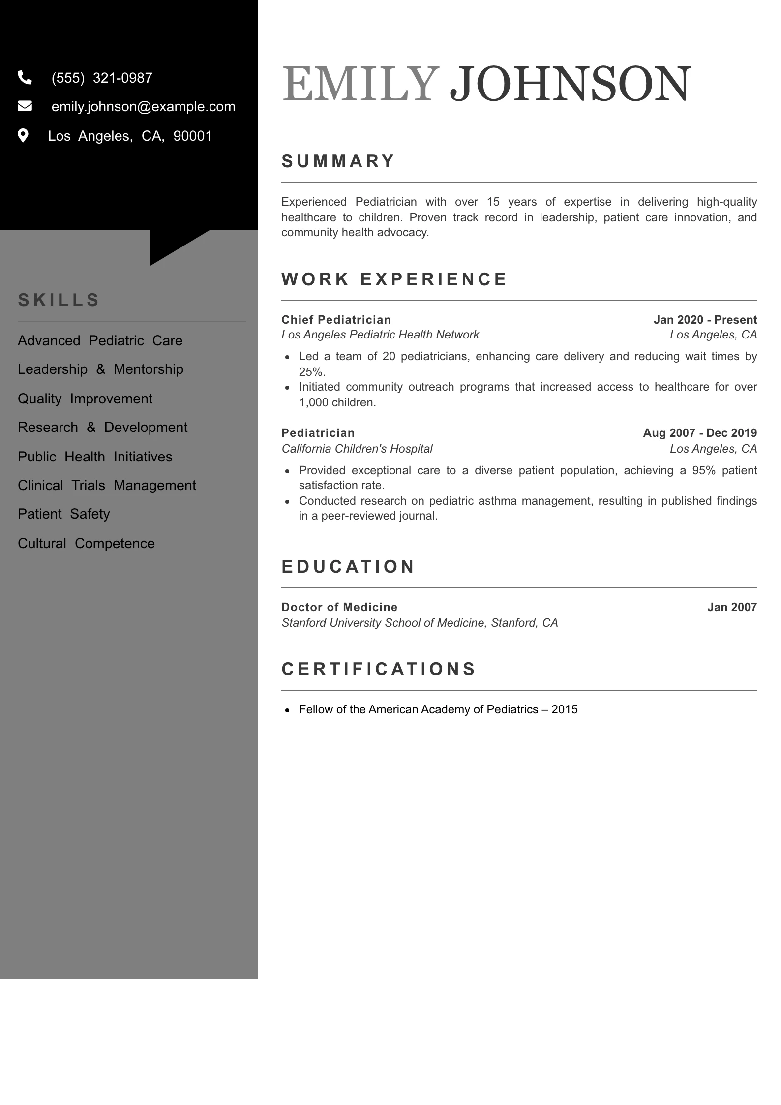 Senior Level Pediatrician Resume Example