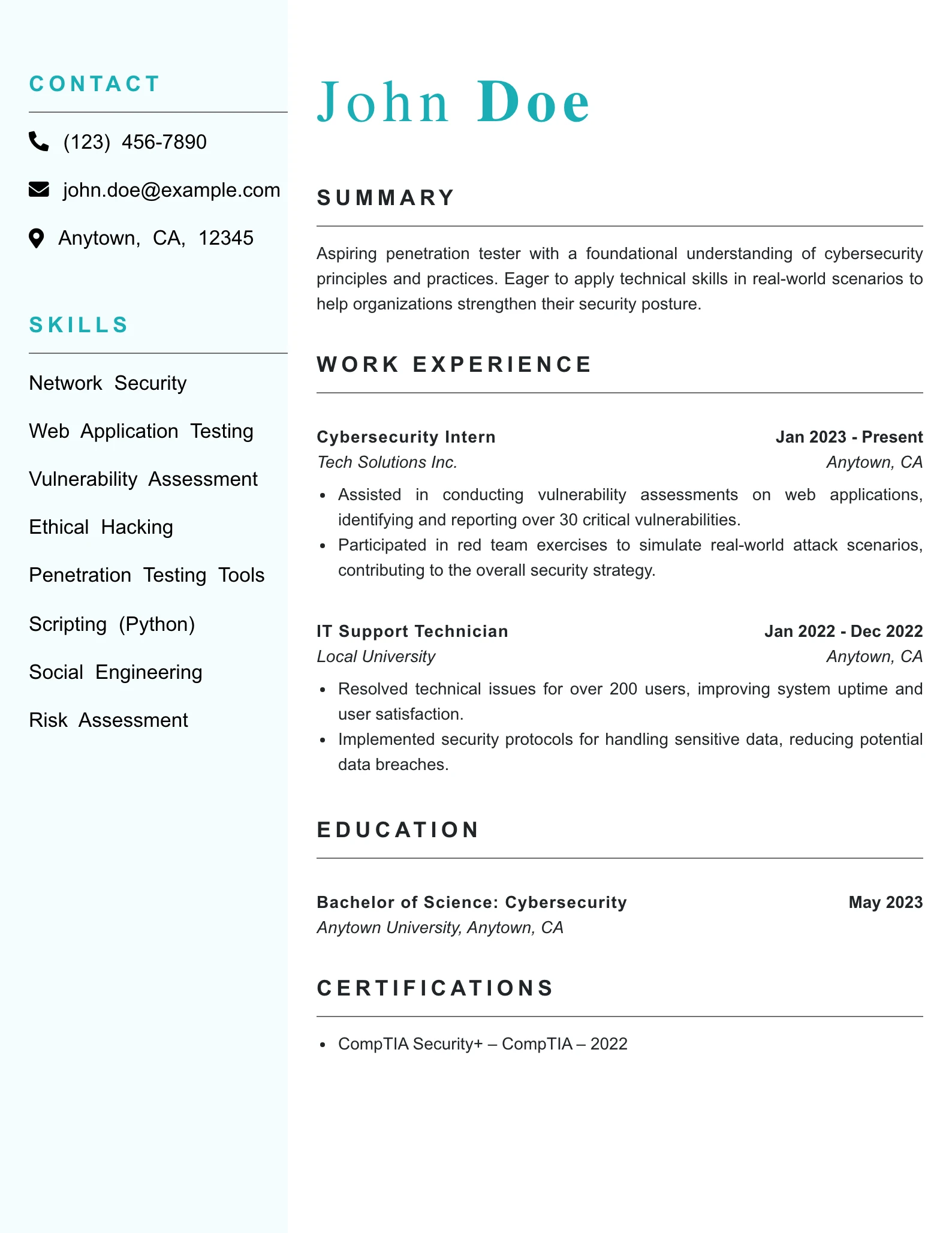 Entry Level Penetration Tester Resume Example