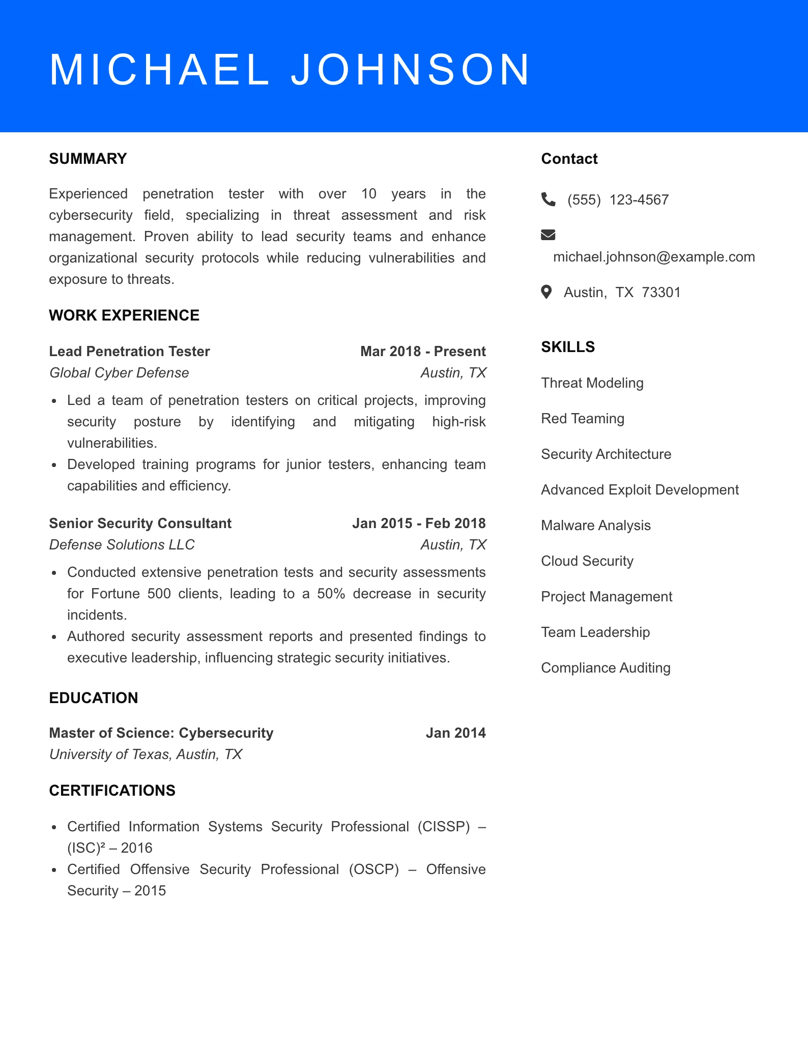 Senior Level Penetration Tester Resume Sample