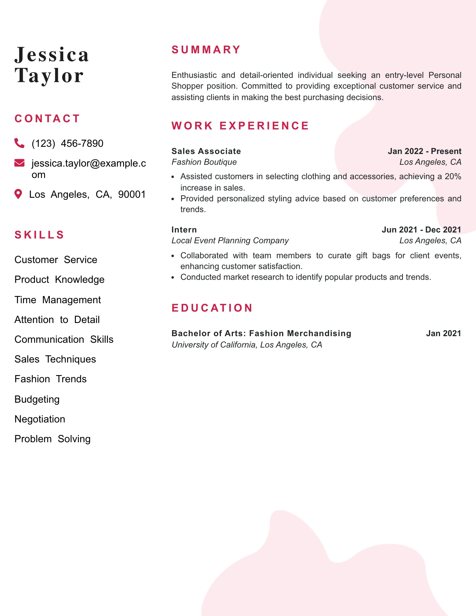 Entry Level Personal Shopper Resume Example