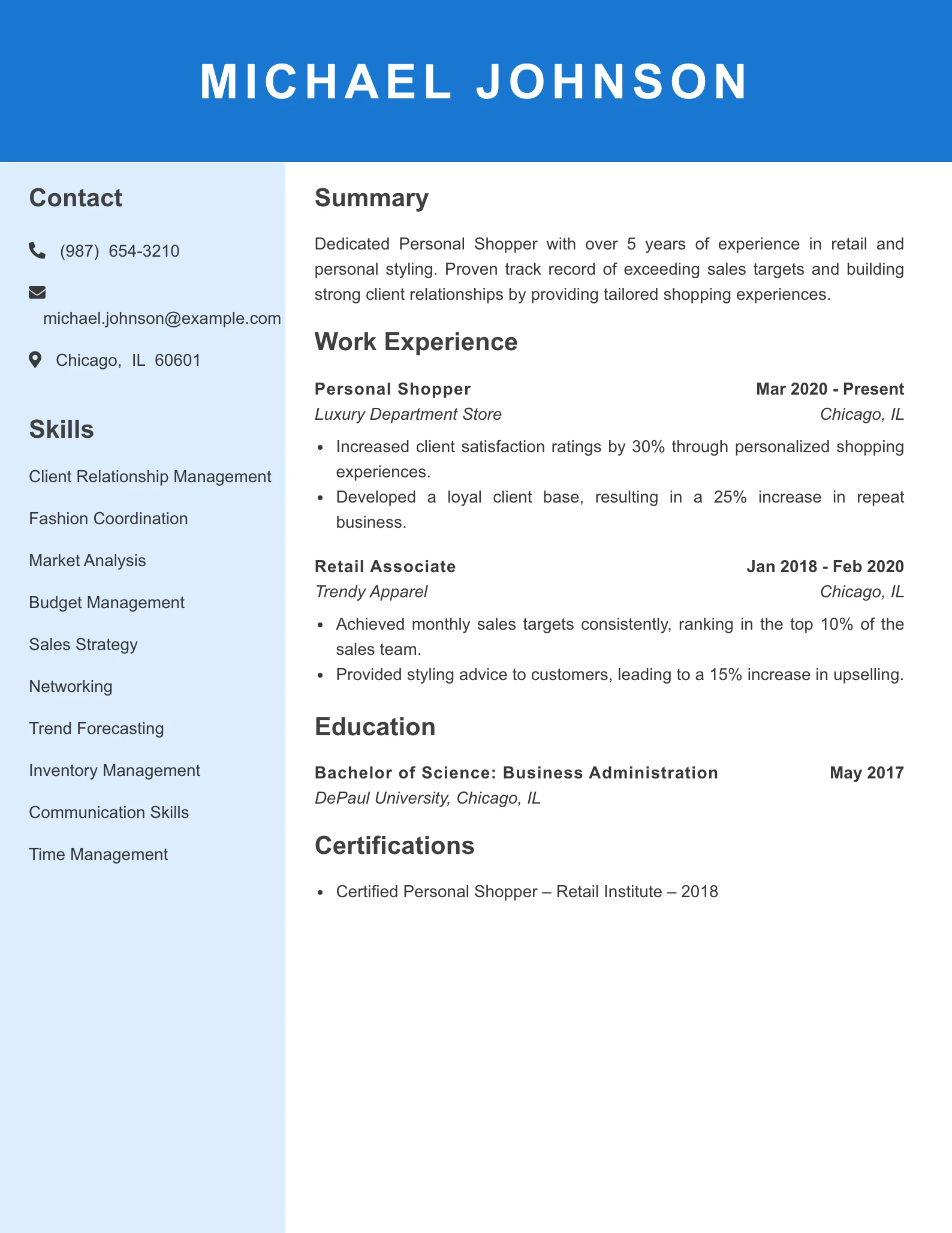 Mid Level Personal Shopper Resume Example