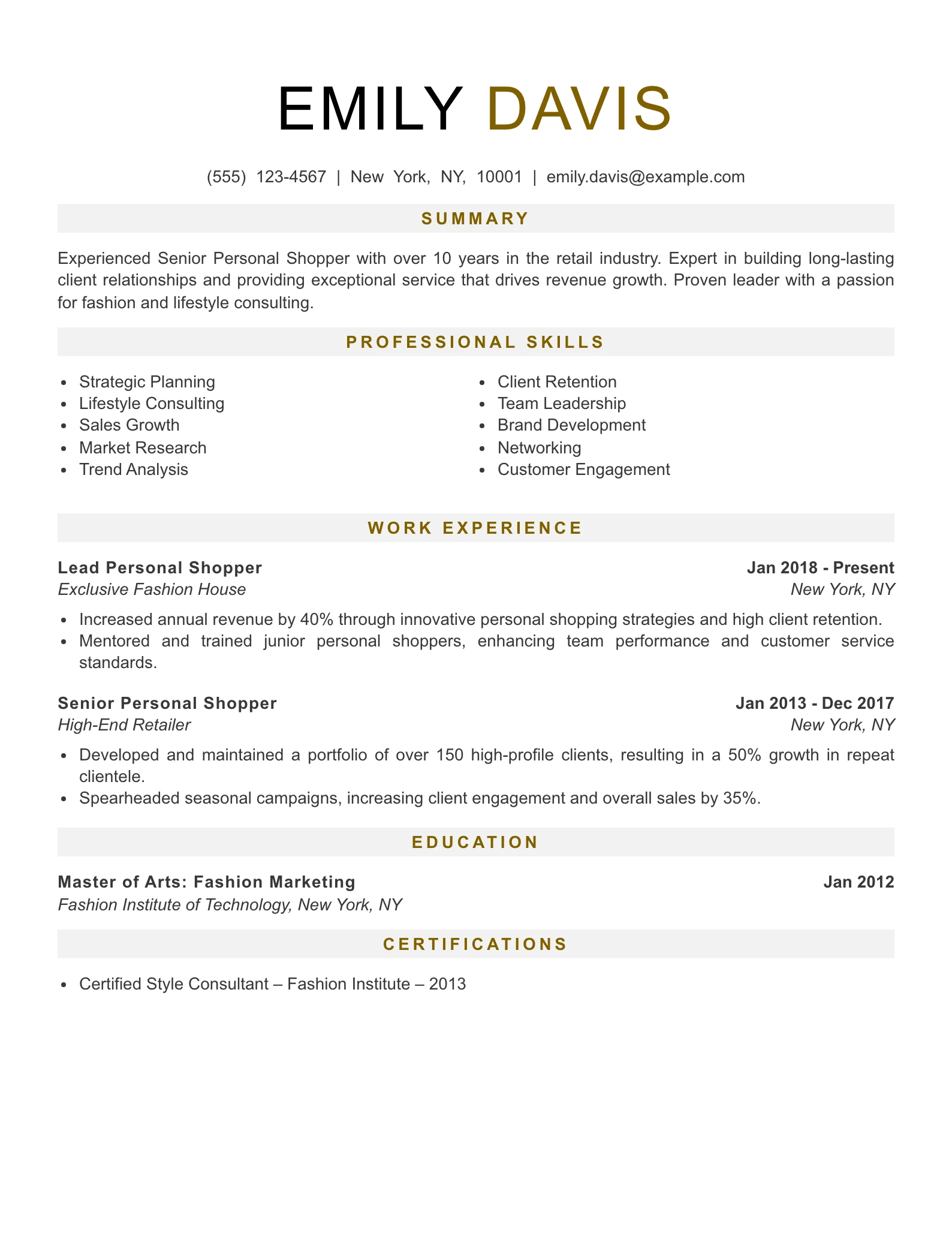 Senior Level Personal Shopper Resume Example