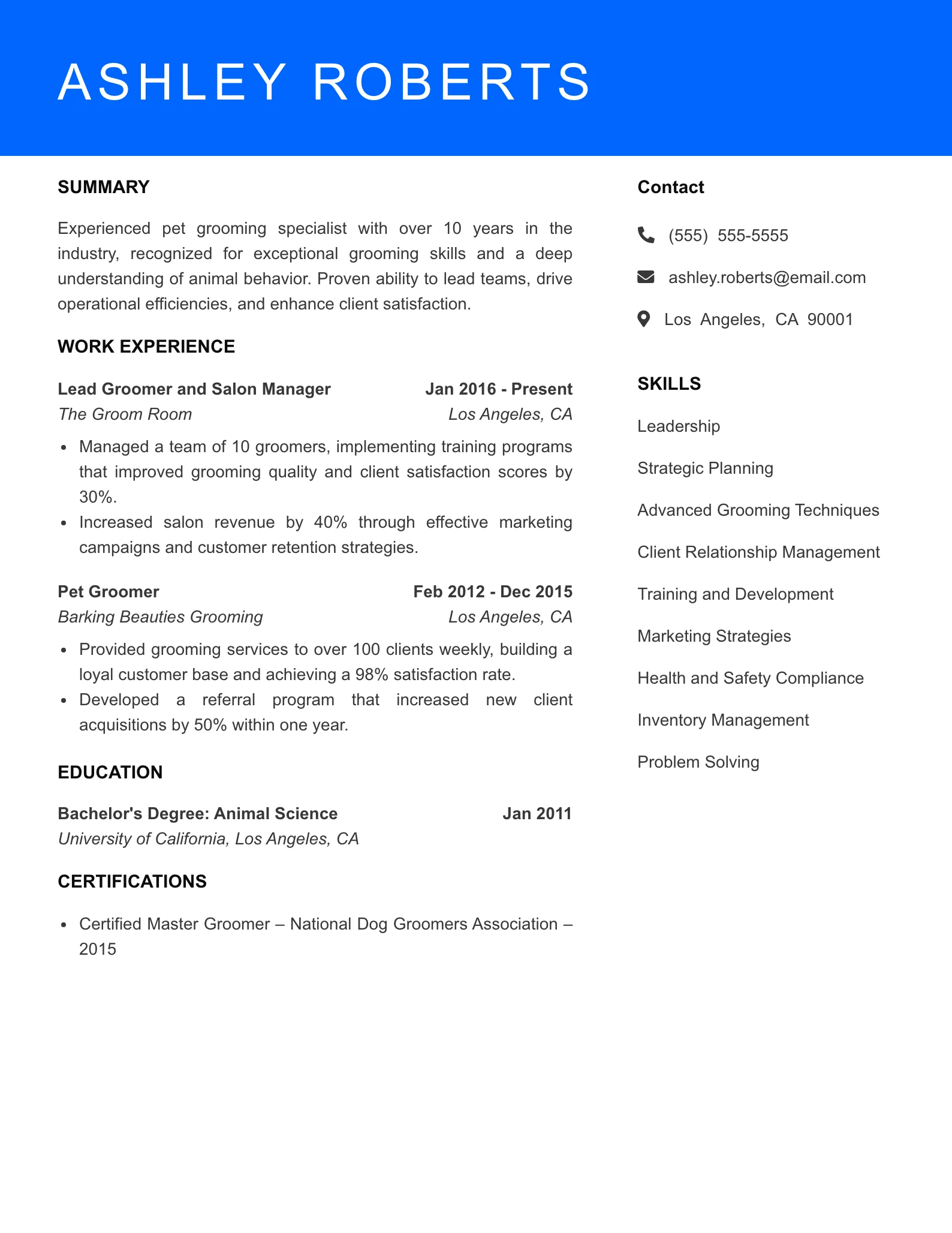 Senior Level Pet Groomer Resume Sample