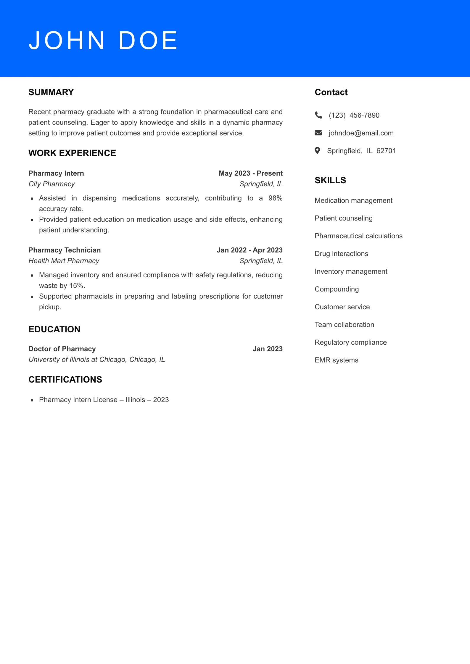 Selected Pharmacist Resume