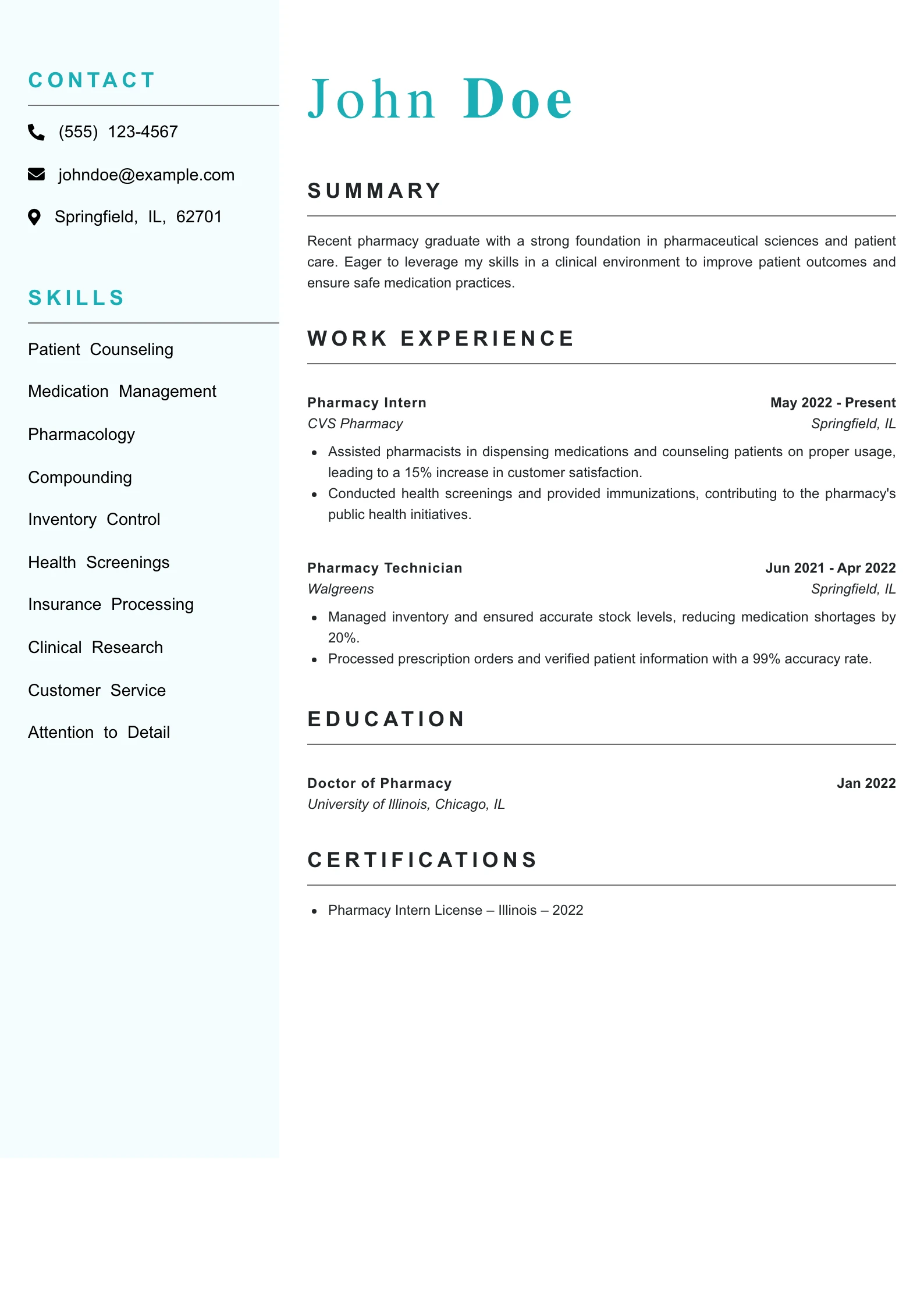 Entry Level Pharmacist Resume Example