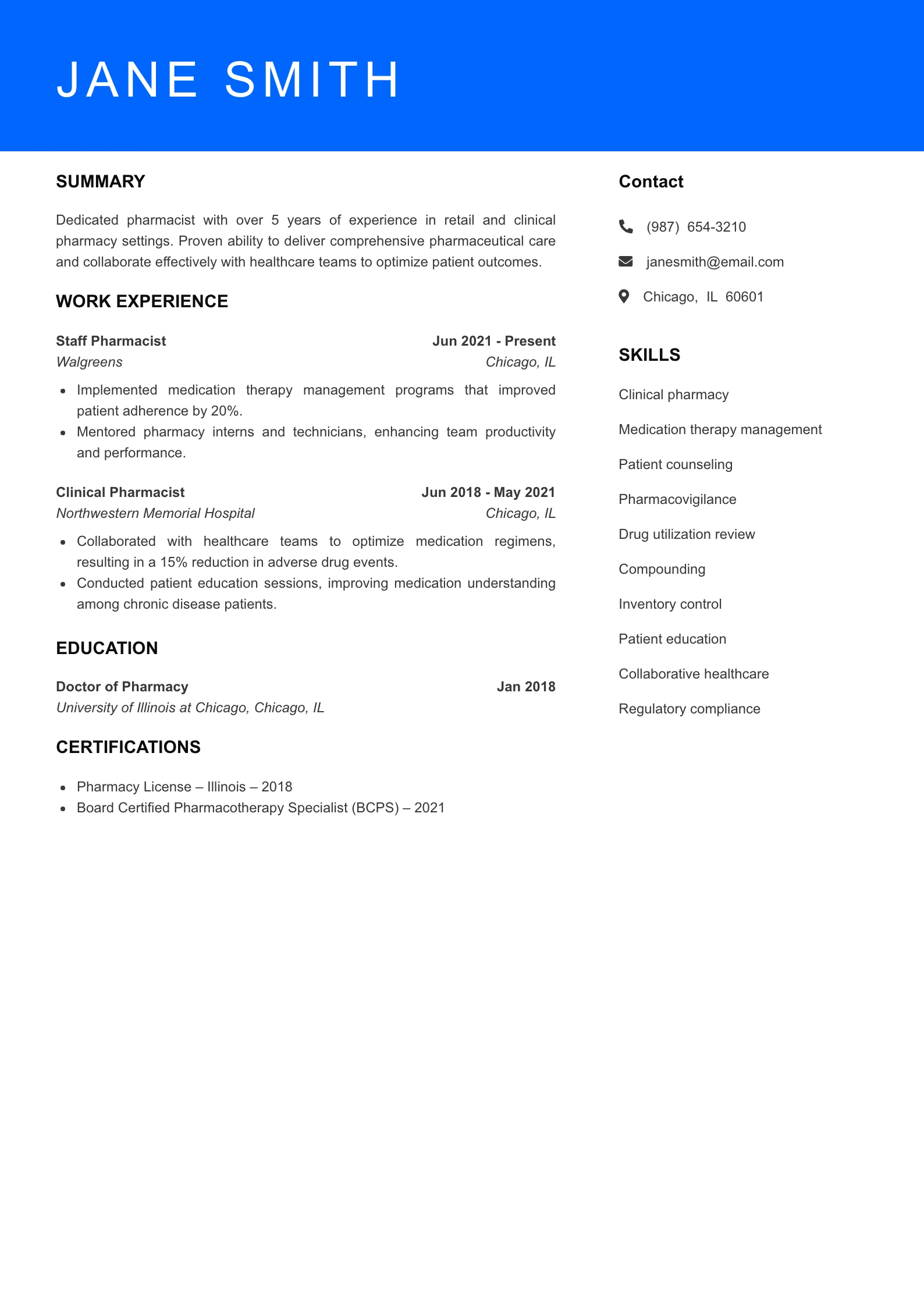 Mid Level Pharmacist Resume Sample