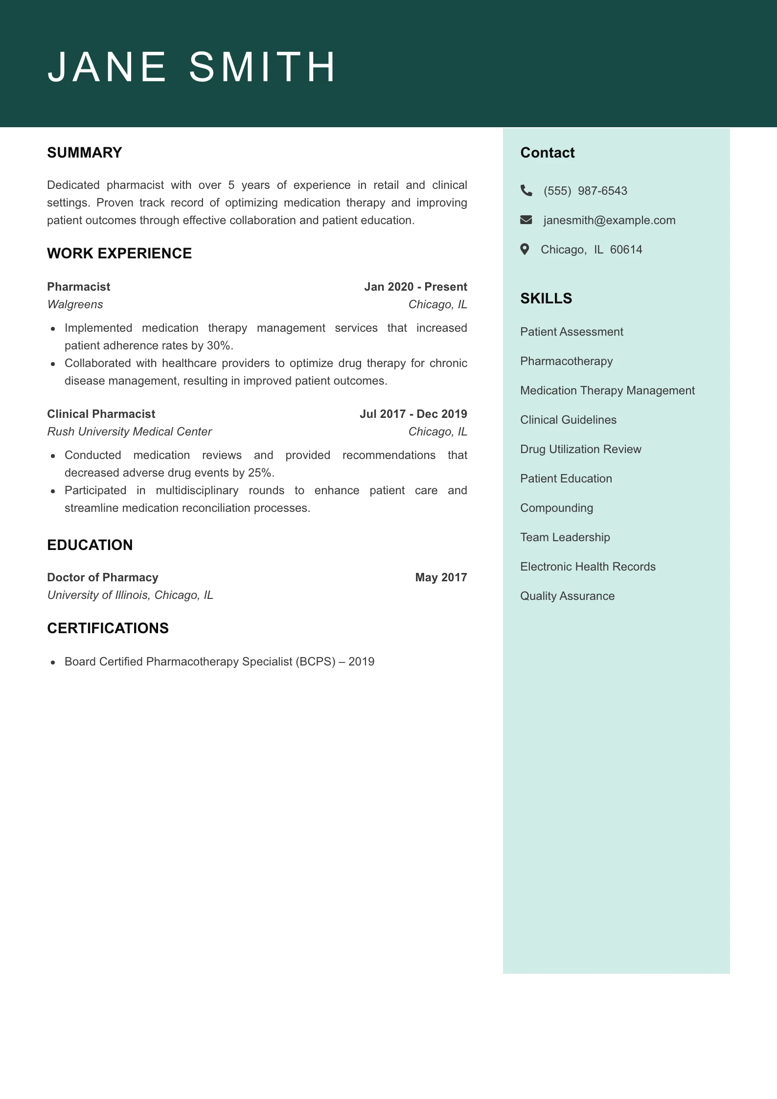 Mid Level Pharmacist Resume Example