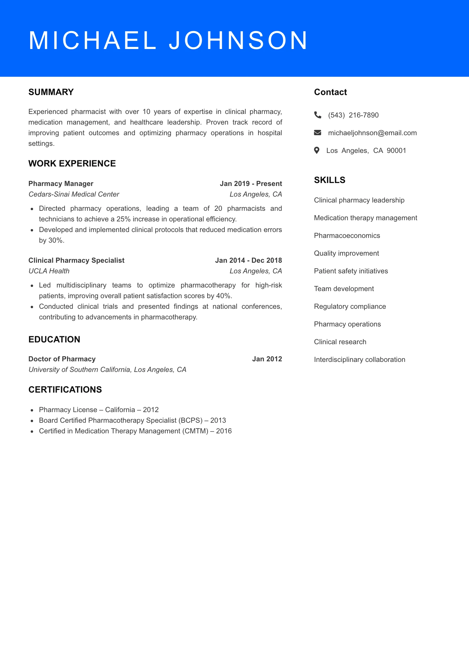 Senior Level Pharmacist Resume Sample
