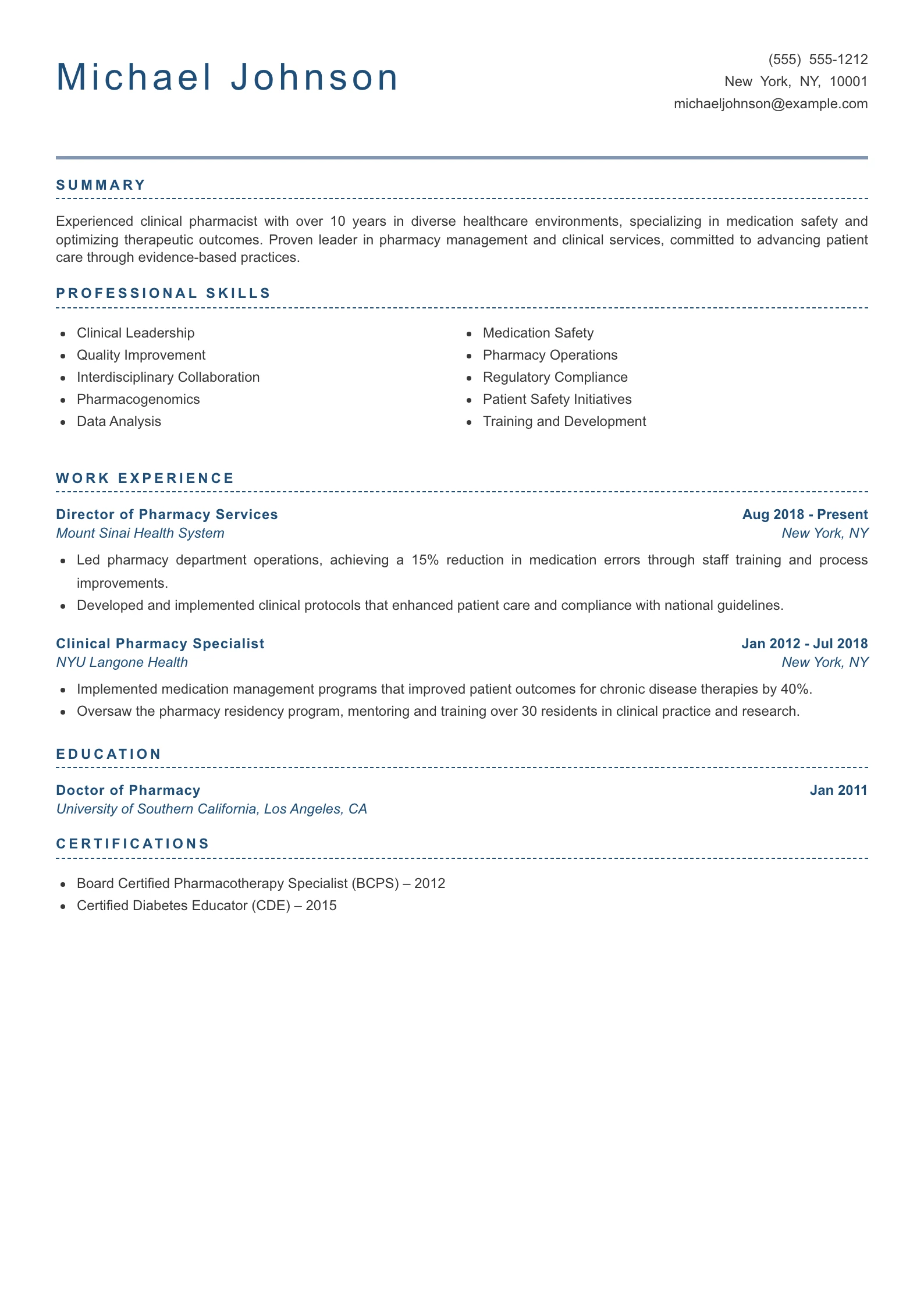 Senior Level Pharmacist Resume Example