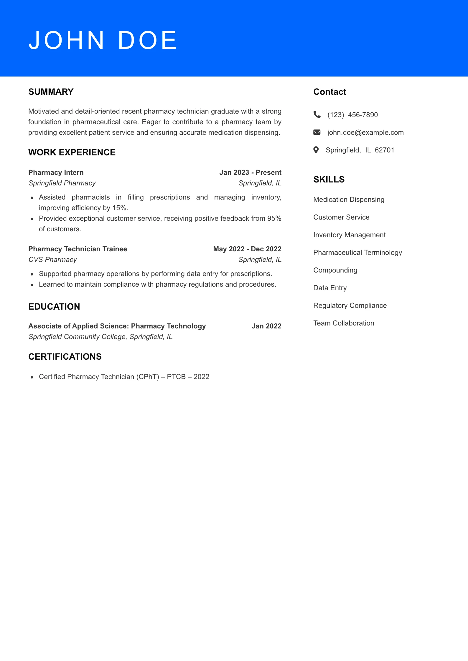 Selected Pharmacy Technician Resume