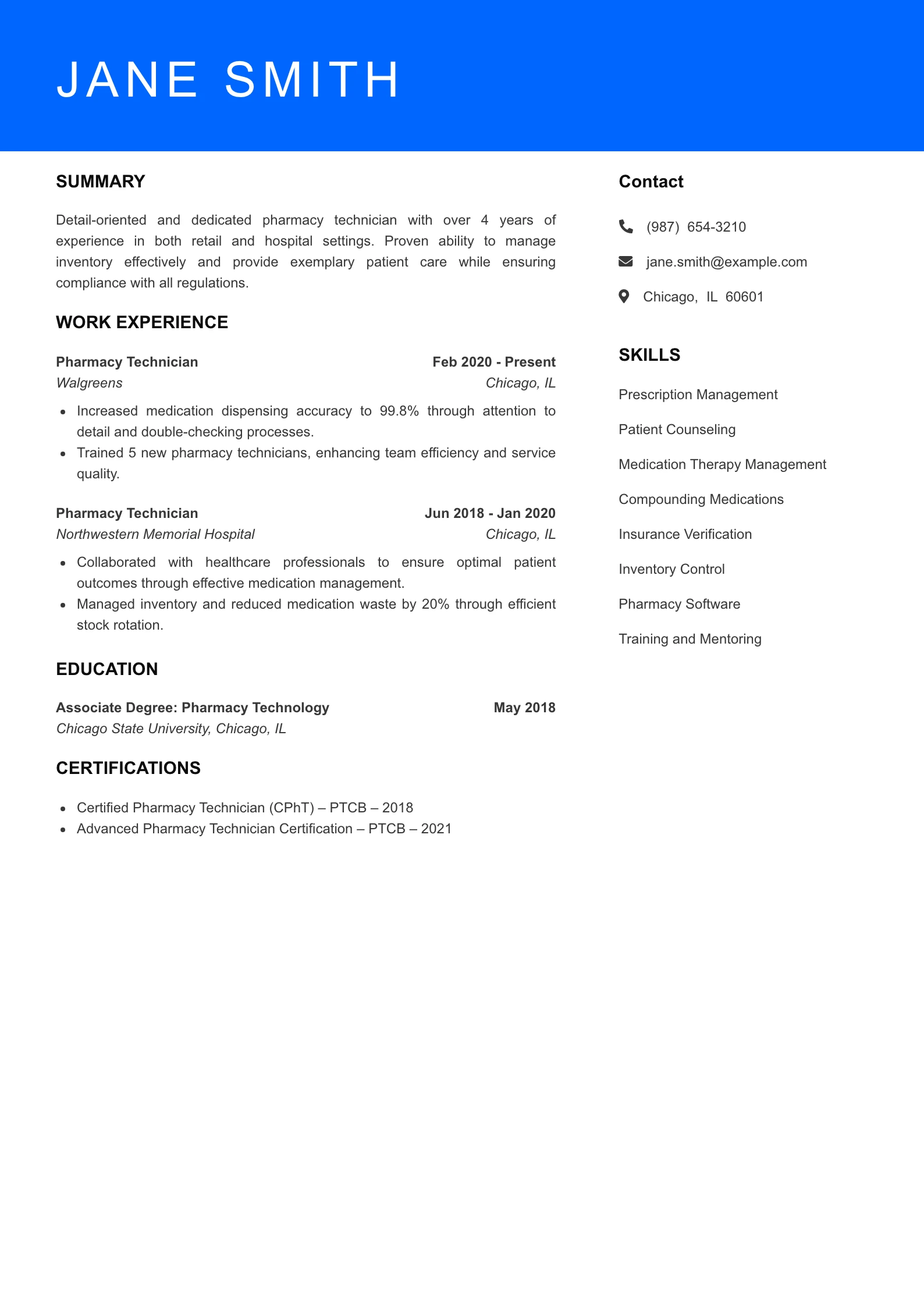 Mid Level Pharmacy Technician Resume Sample