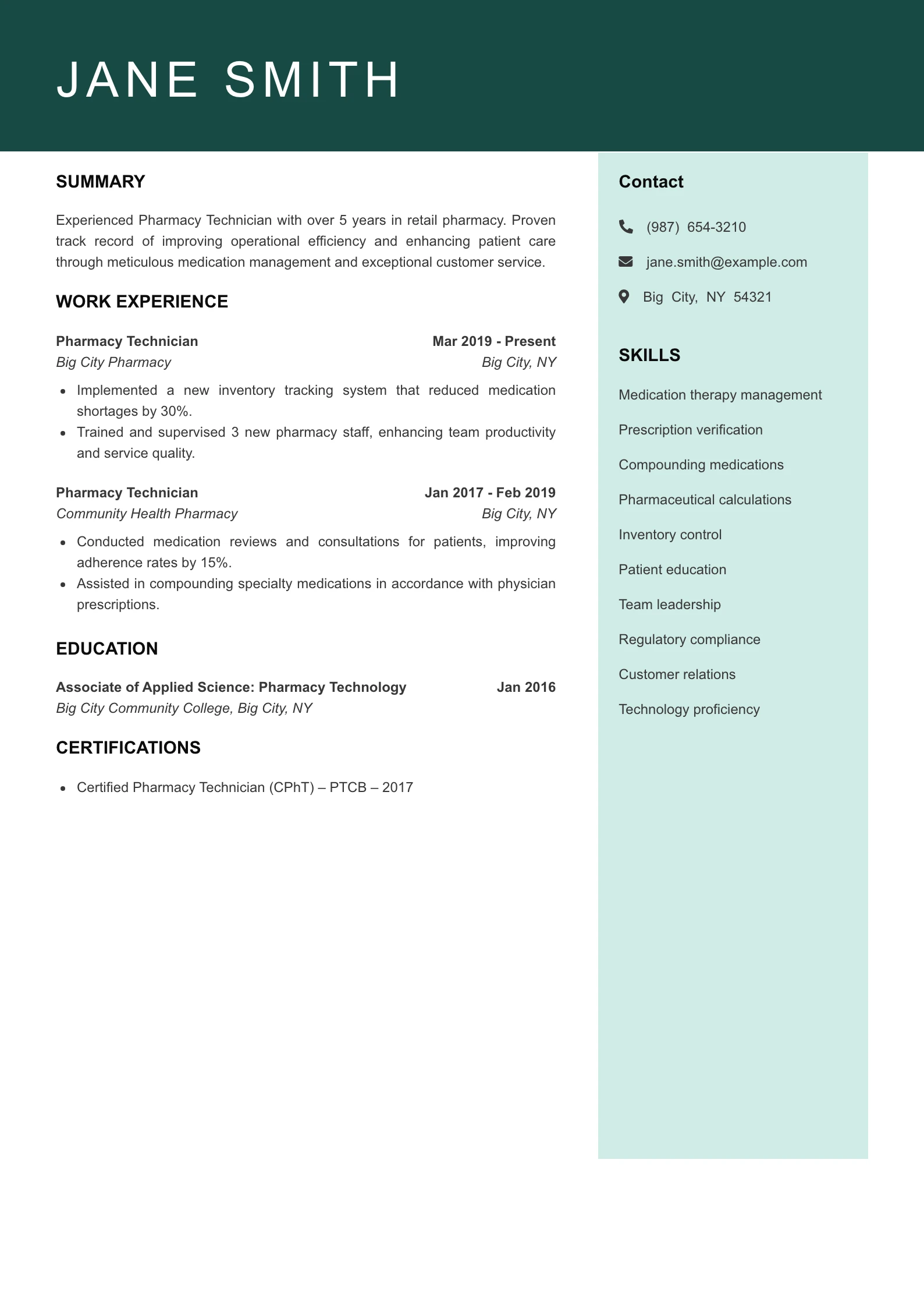 Mid Level Pharmacy Technician Resume Example