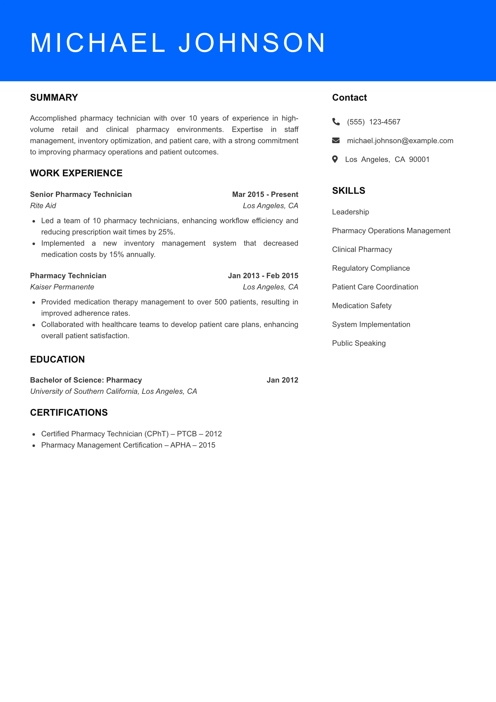 Senior Level Pharmacy Technician Resume Sample