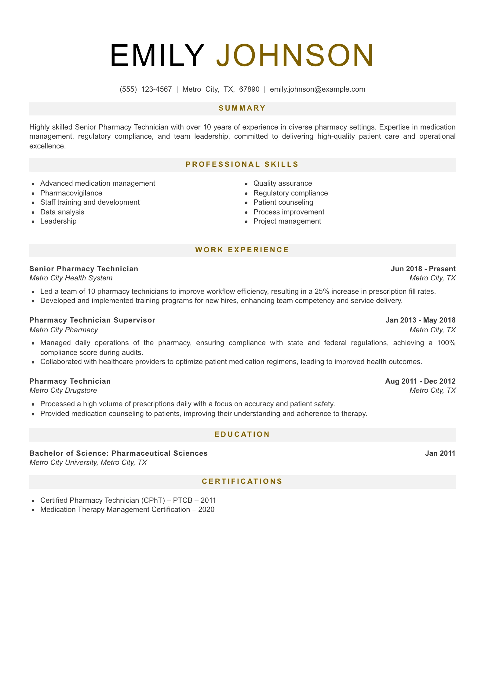 Senior Level Pharmacy Technician Resume Example