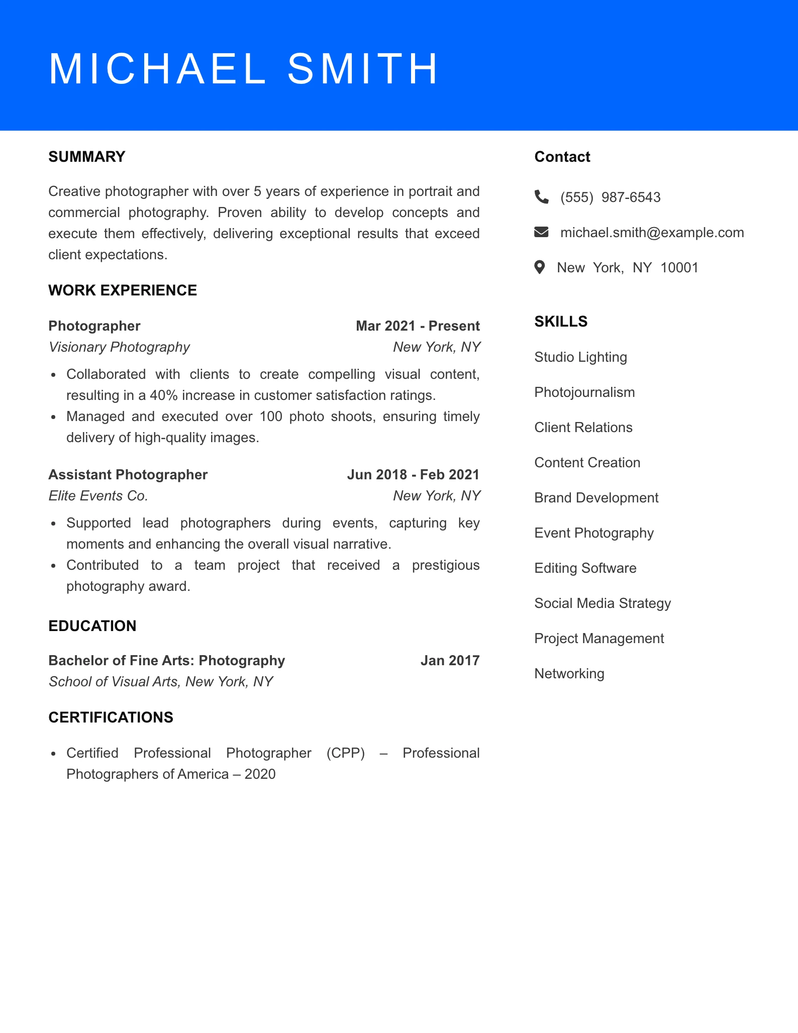 Mid Level Photographer Resume Sample