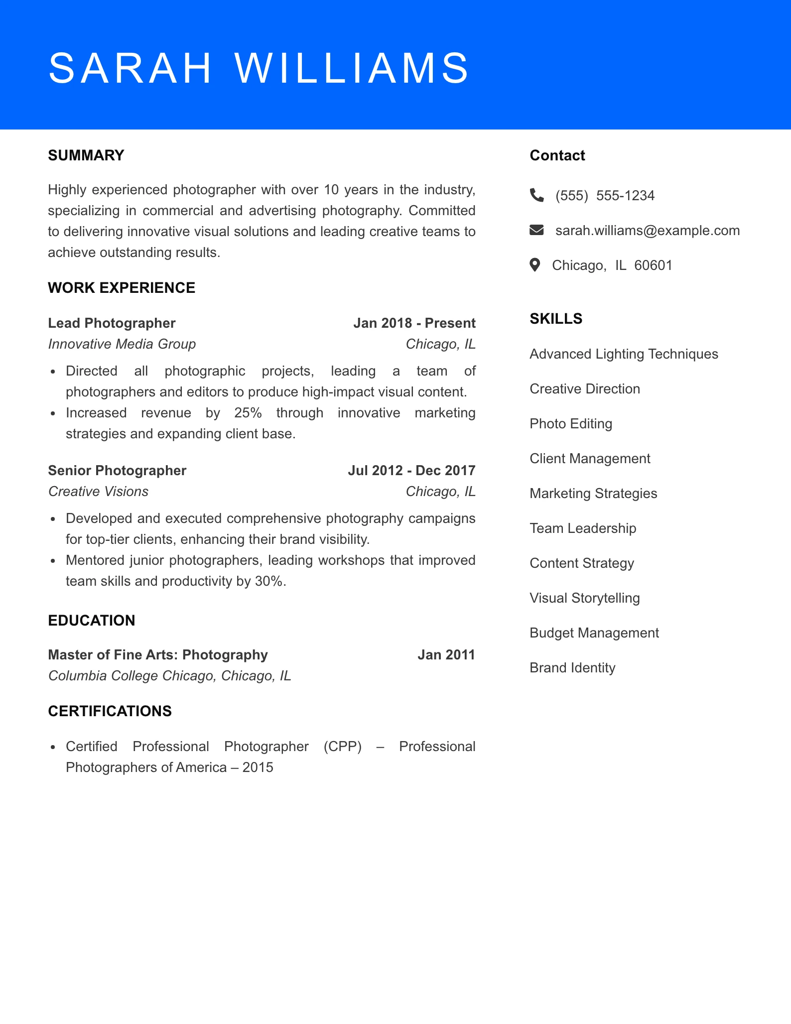 Senior Level Photographer Resume Sample
