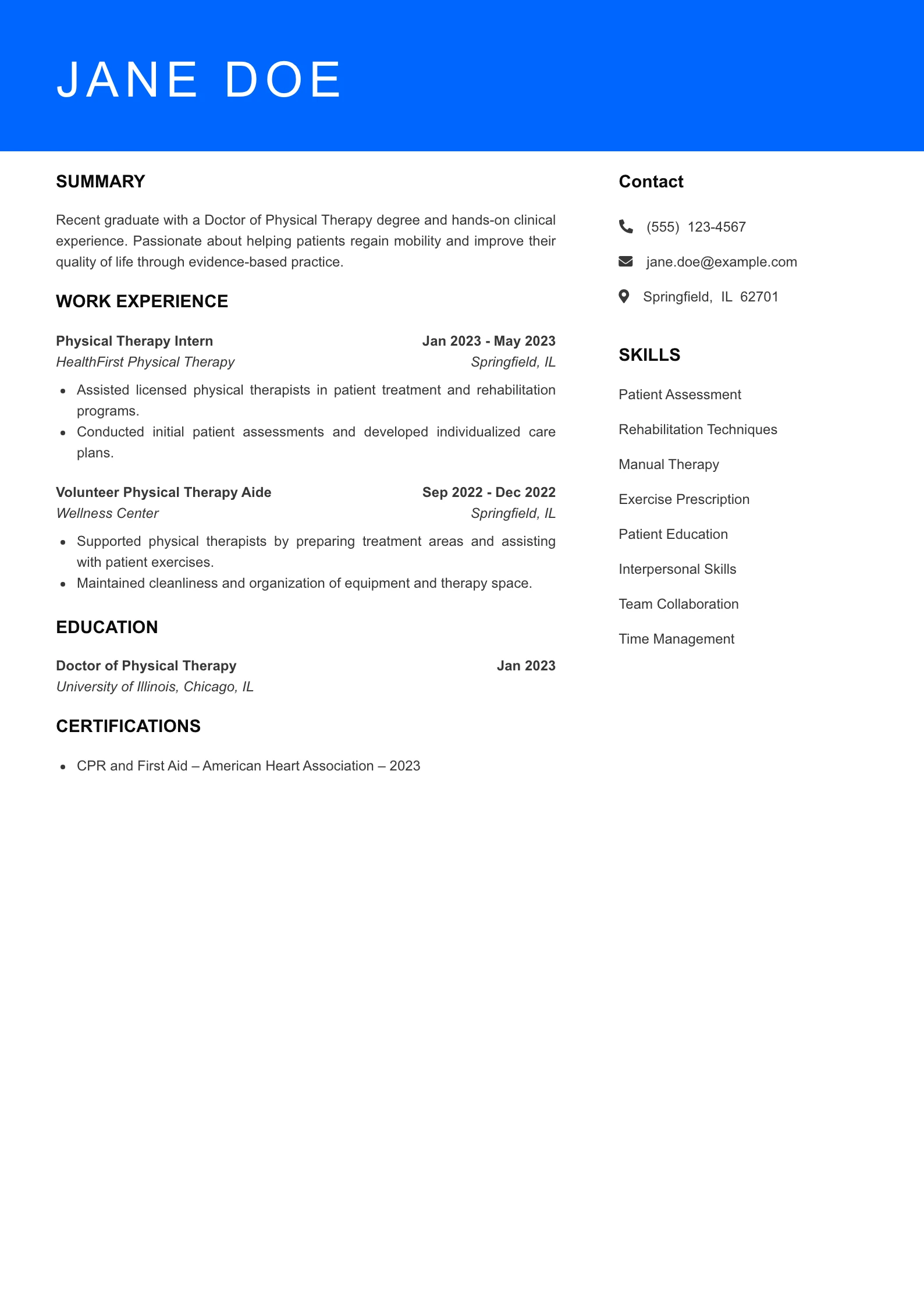 Selected Physical Therapist Resume