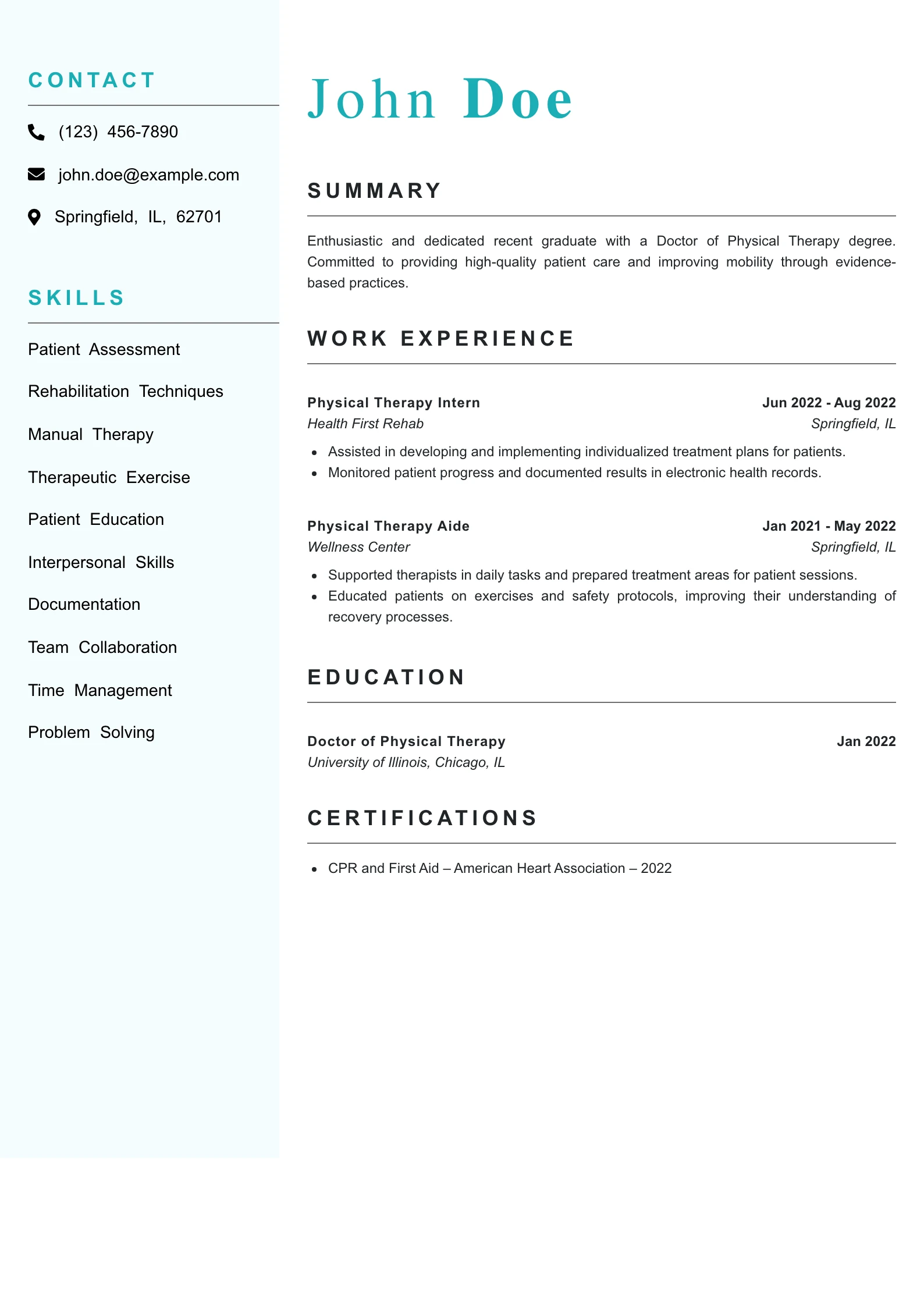 Entry Level Physical Therapist Resume Example