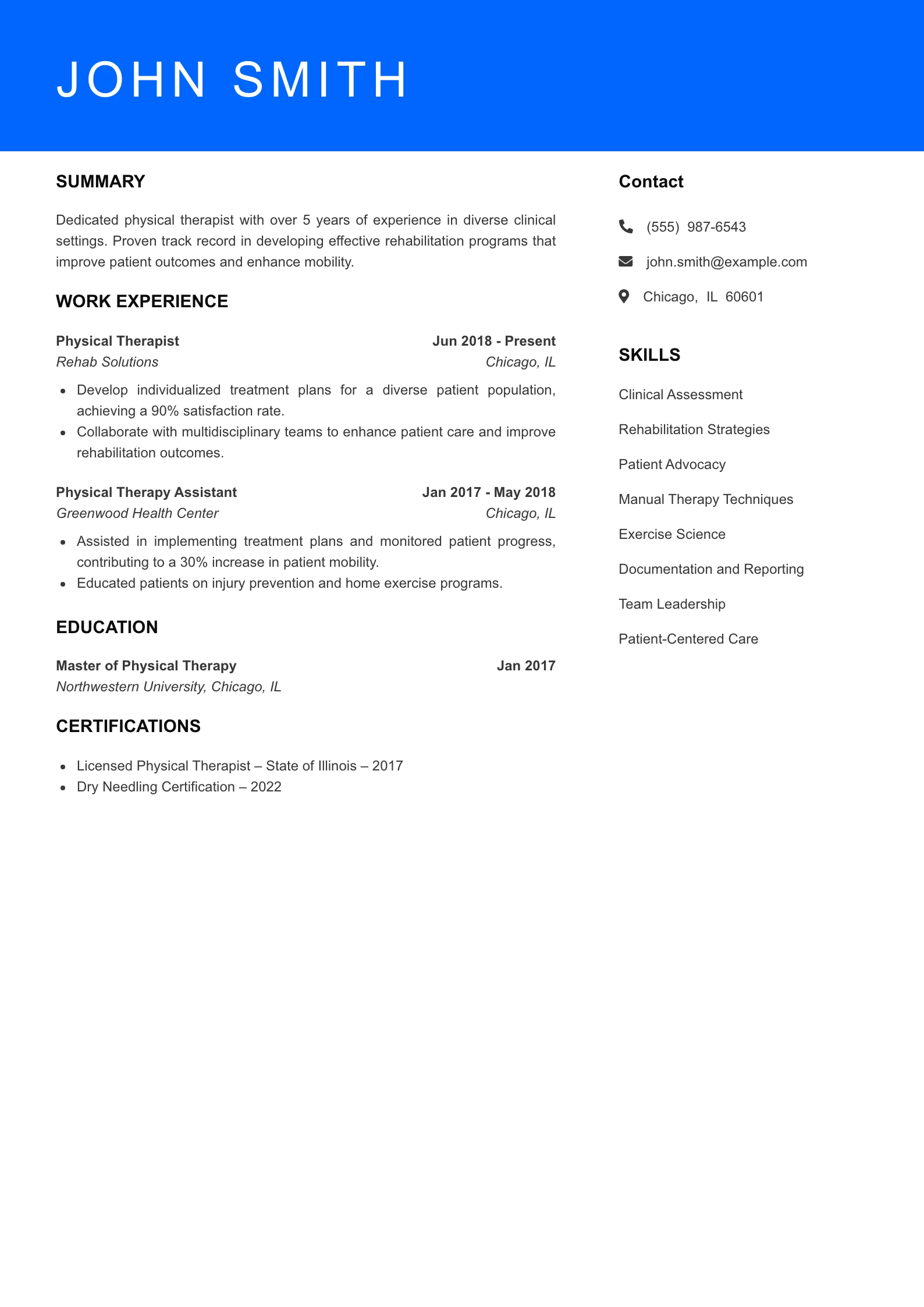 Mid Level Physical Therapist Resume Sample