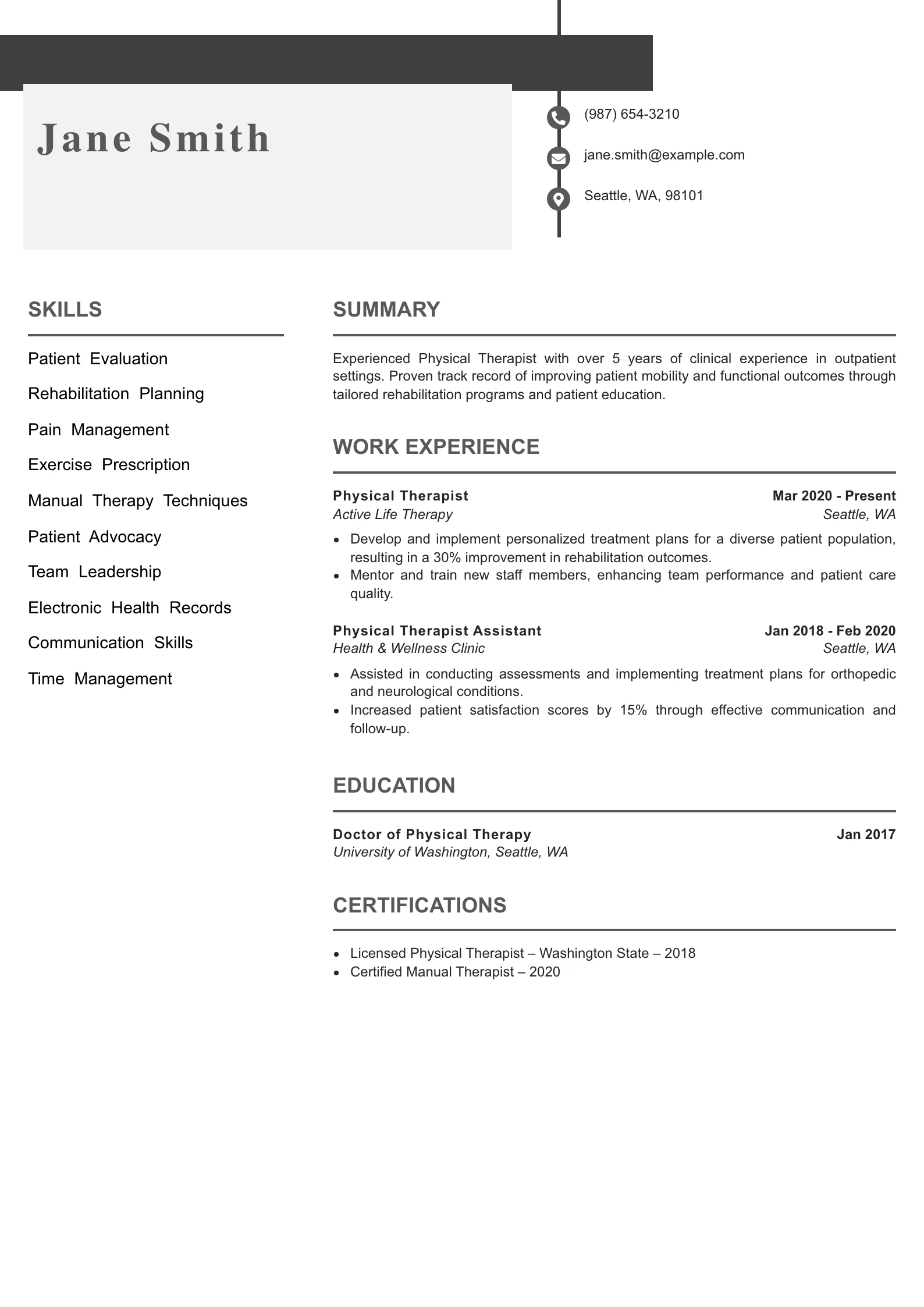 Mid Level Physical Therapist Resume Example