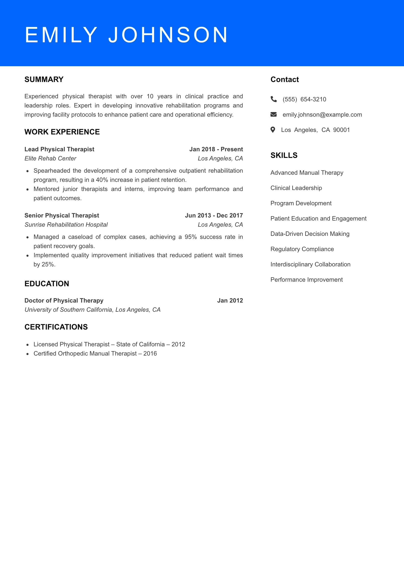 Senior Level Physical Therapist Resume Sample