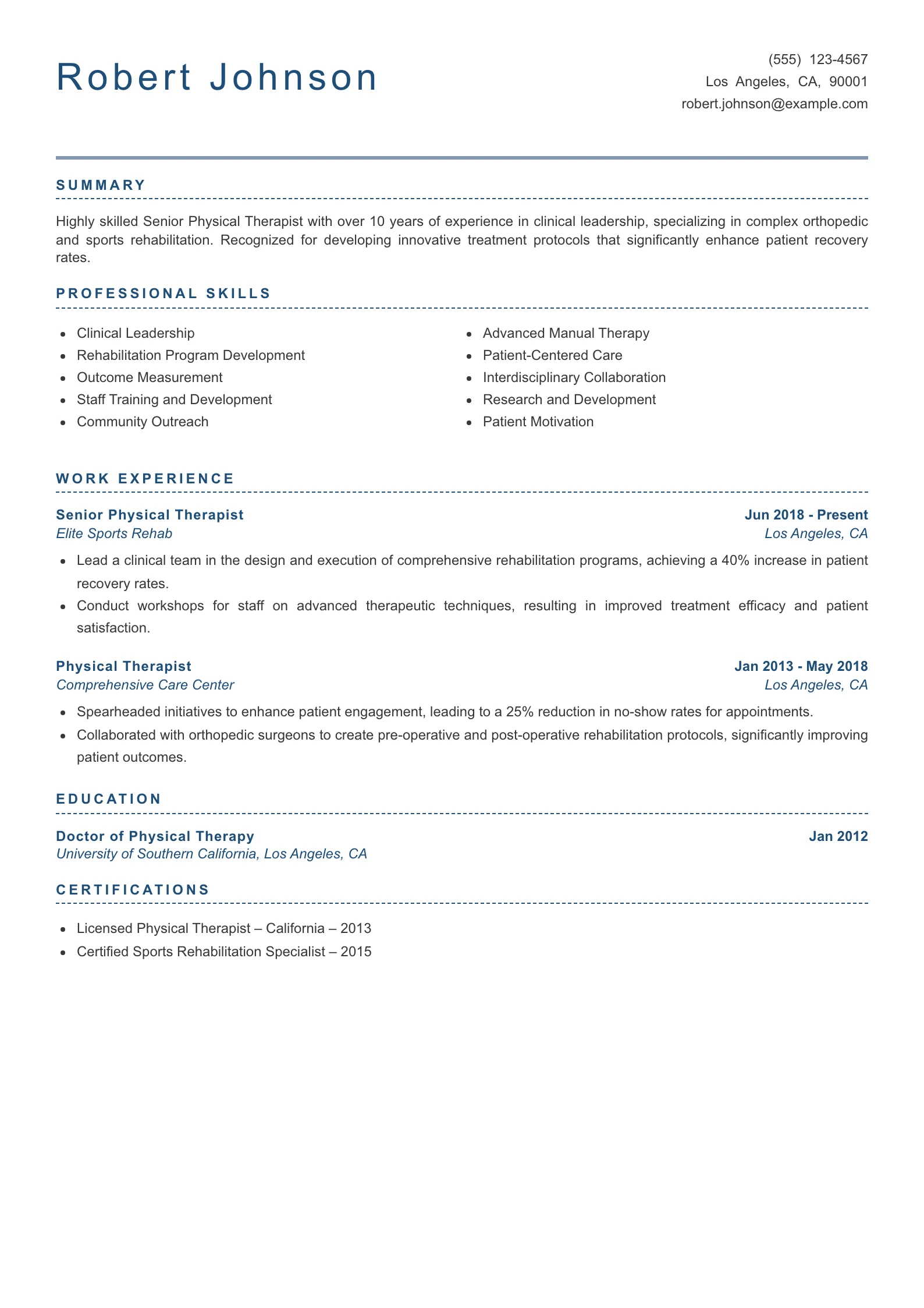 Senior Level Physical Therapist Resume Example