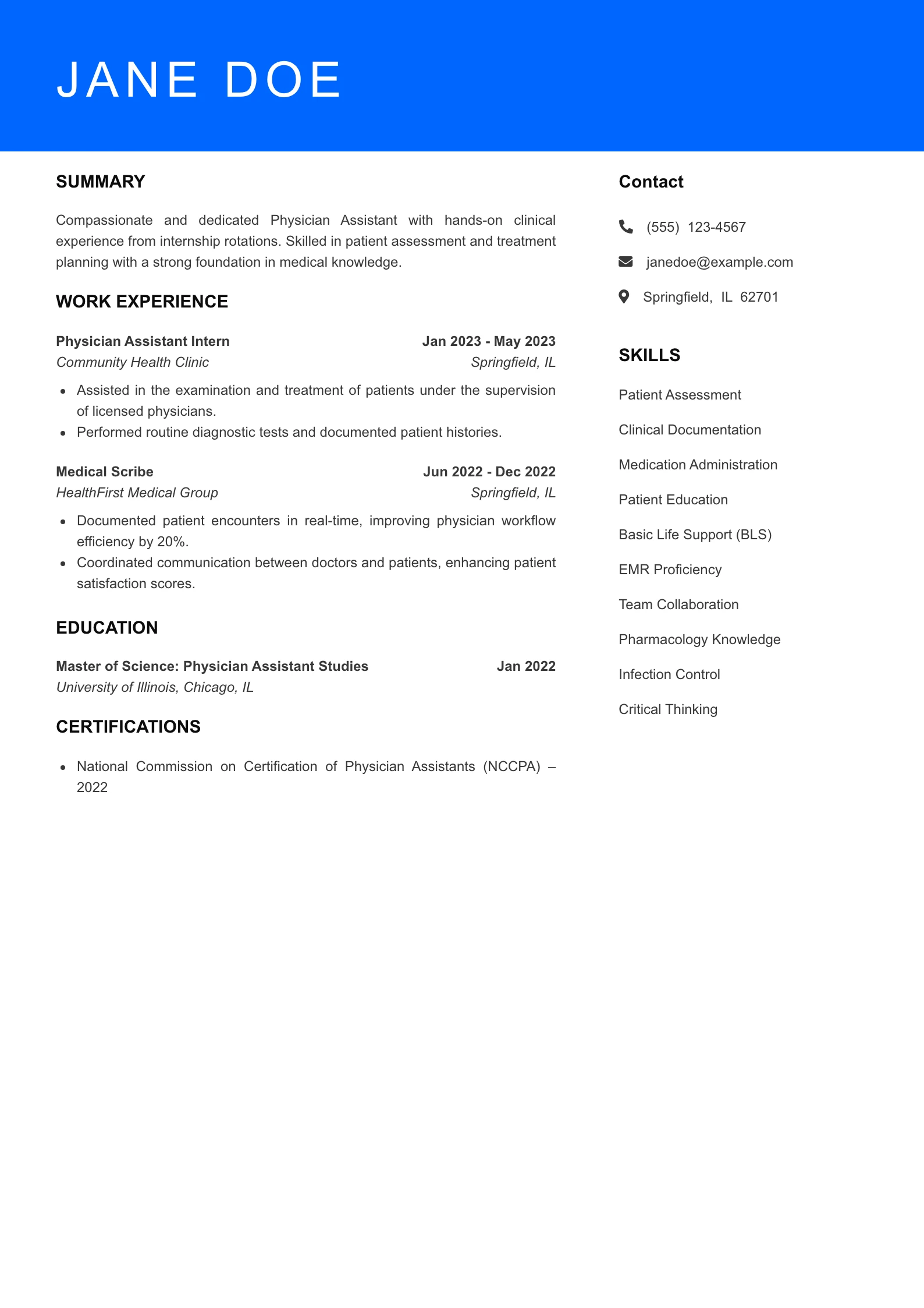 Selected Physician Assistant Resume