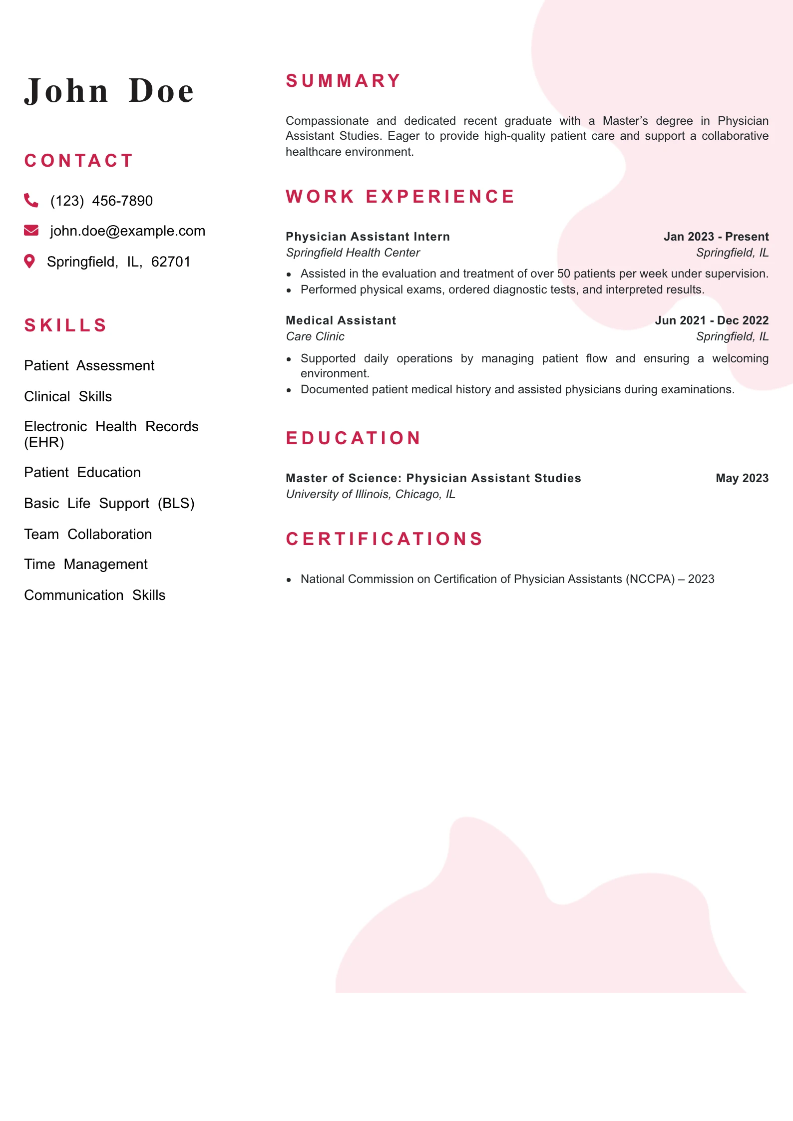 Entry Level Physician Assistant Resume Example