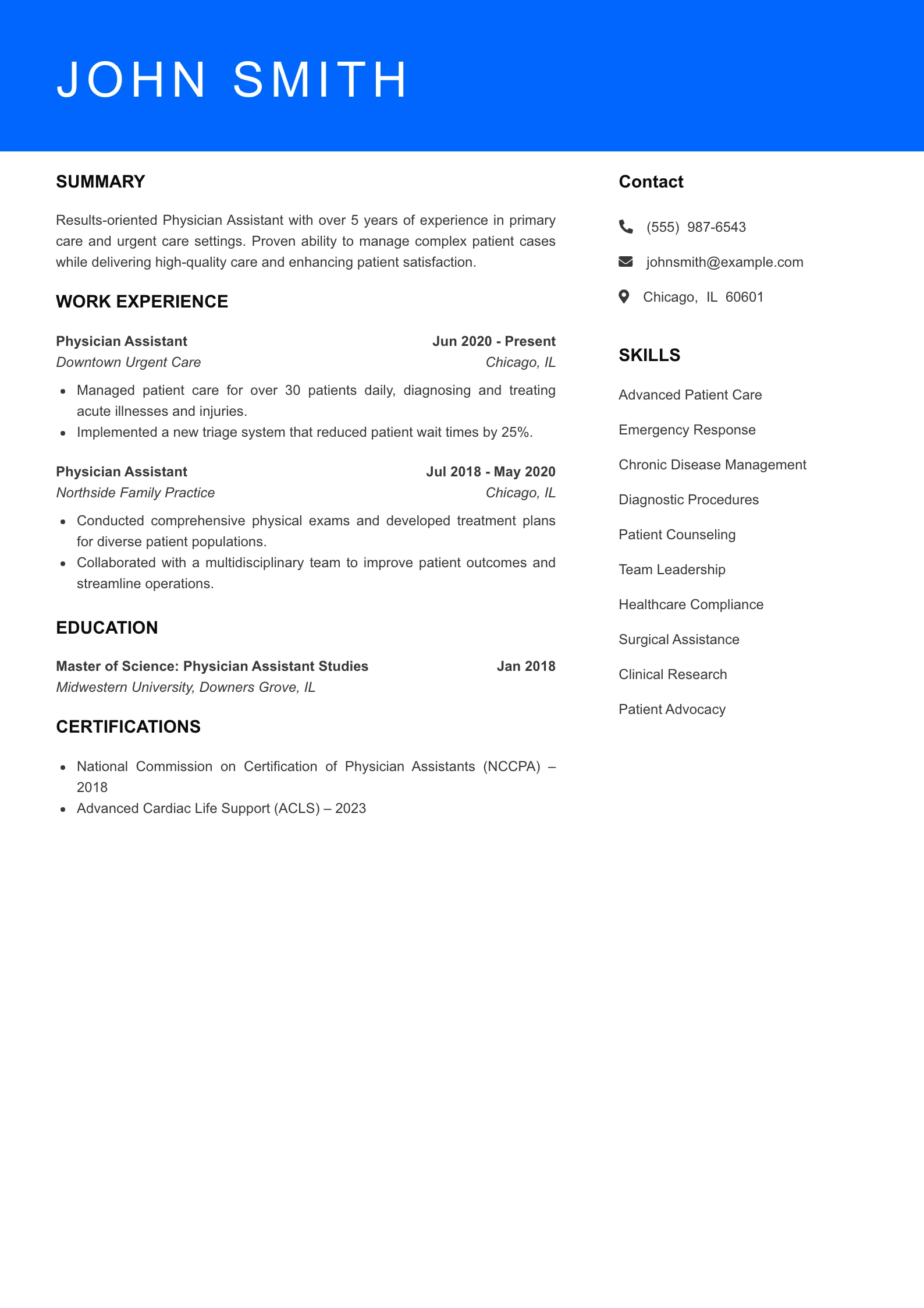 Mid Level Physician Assistant Resume Sample