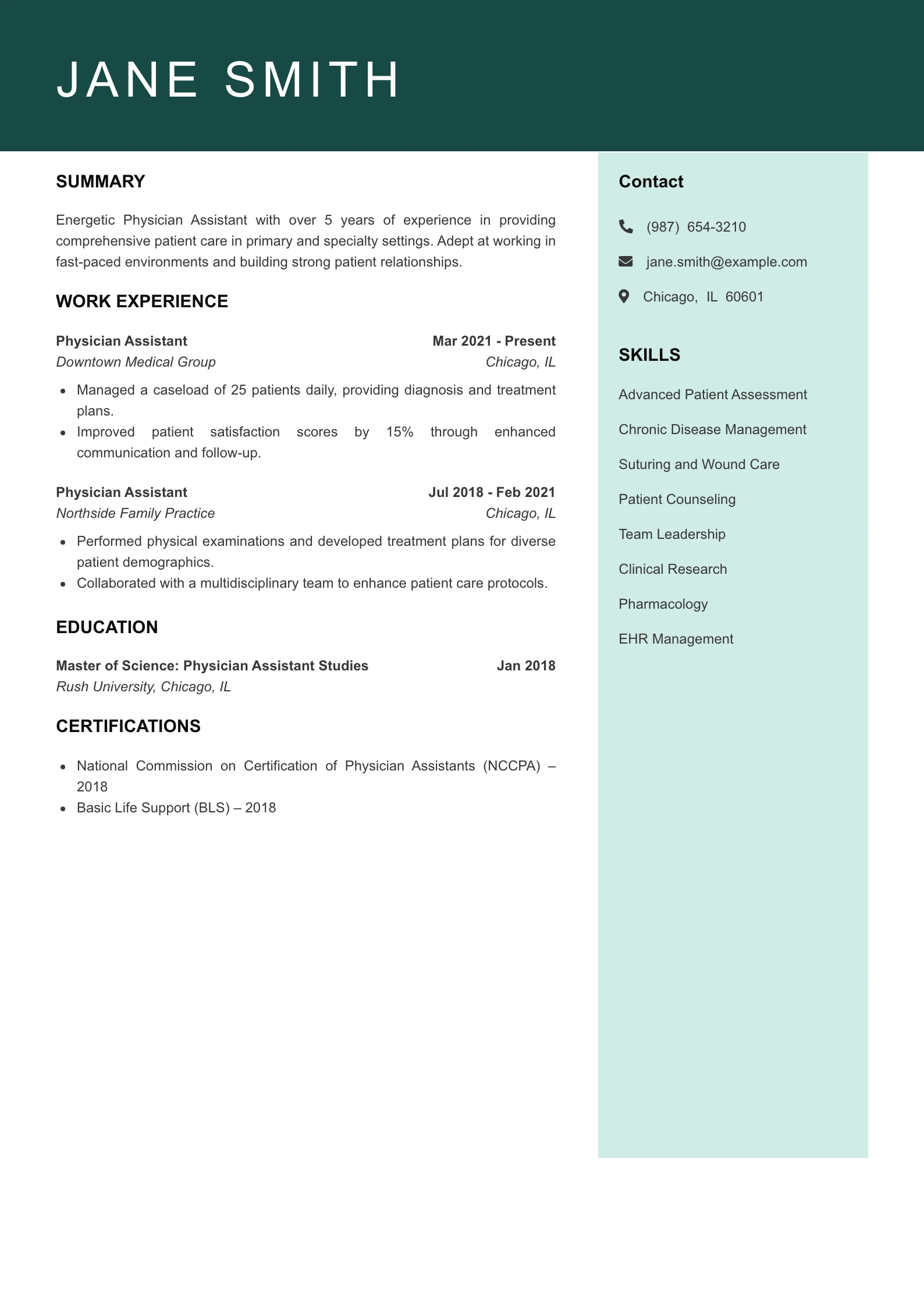 Mid Level Physician Assistant Resume Example