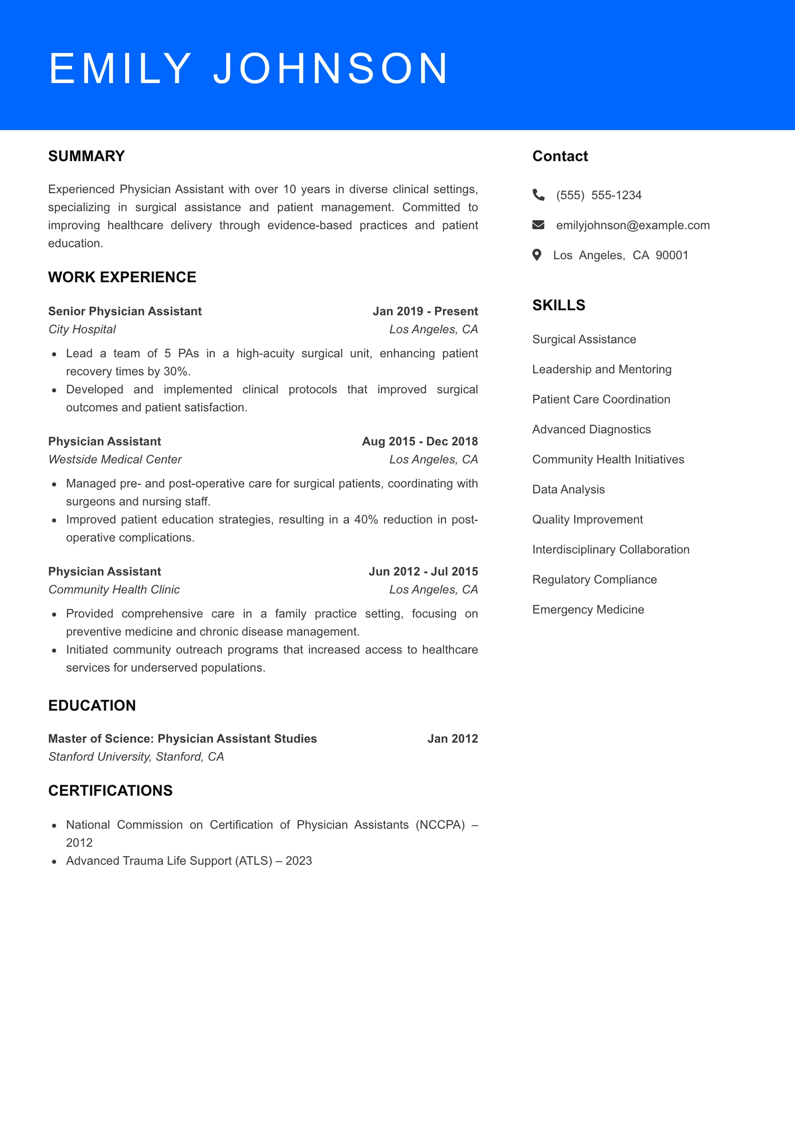 Senior Level Physician Assistant Resume Sample