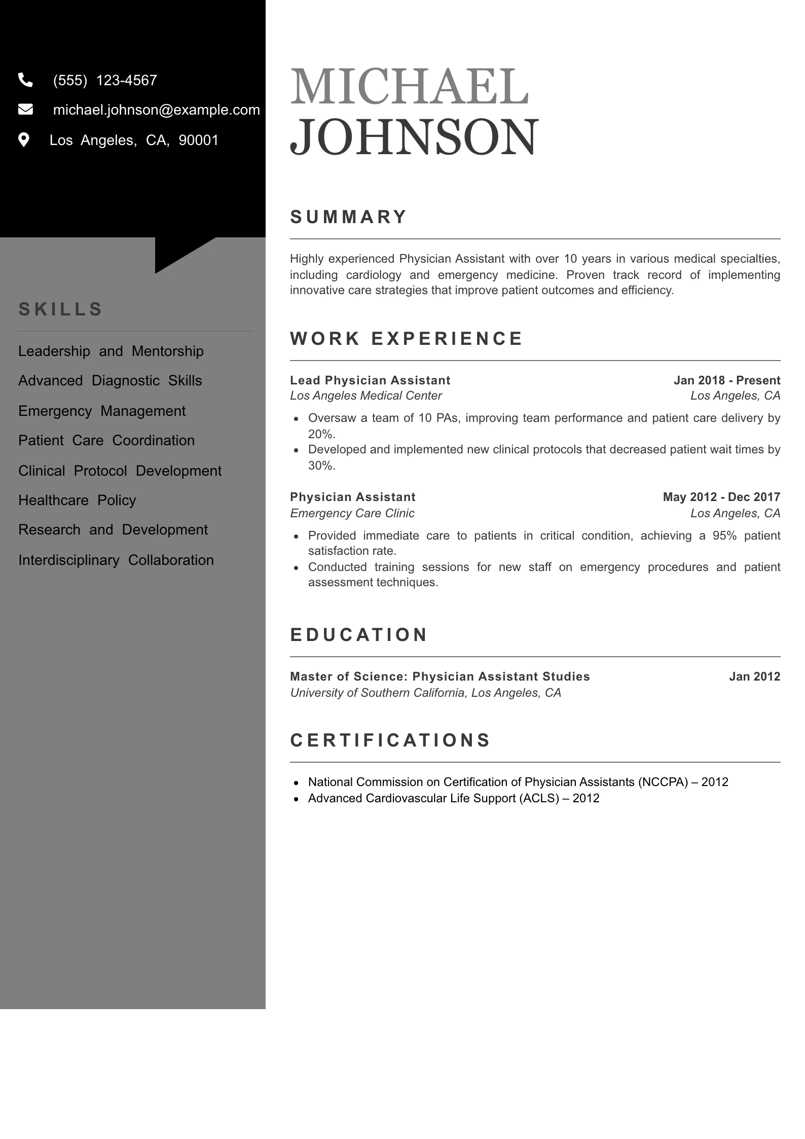 Senior Level Physician Assistant Resume Example