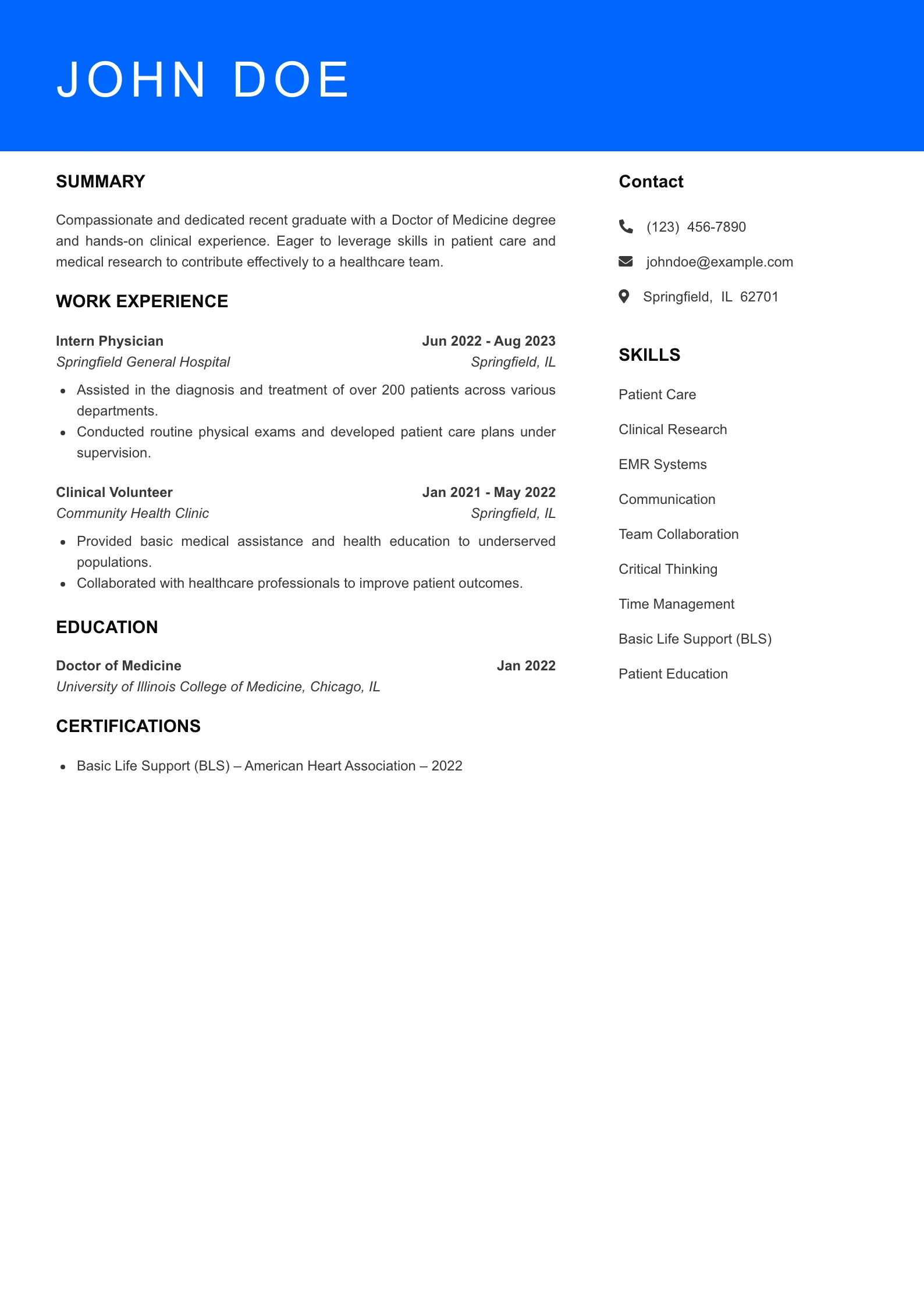 Selected Physician Resume