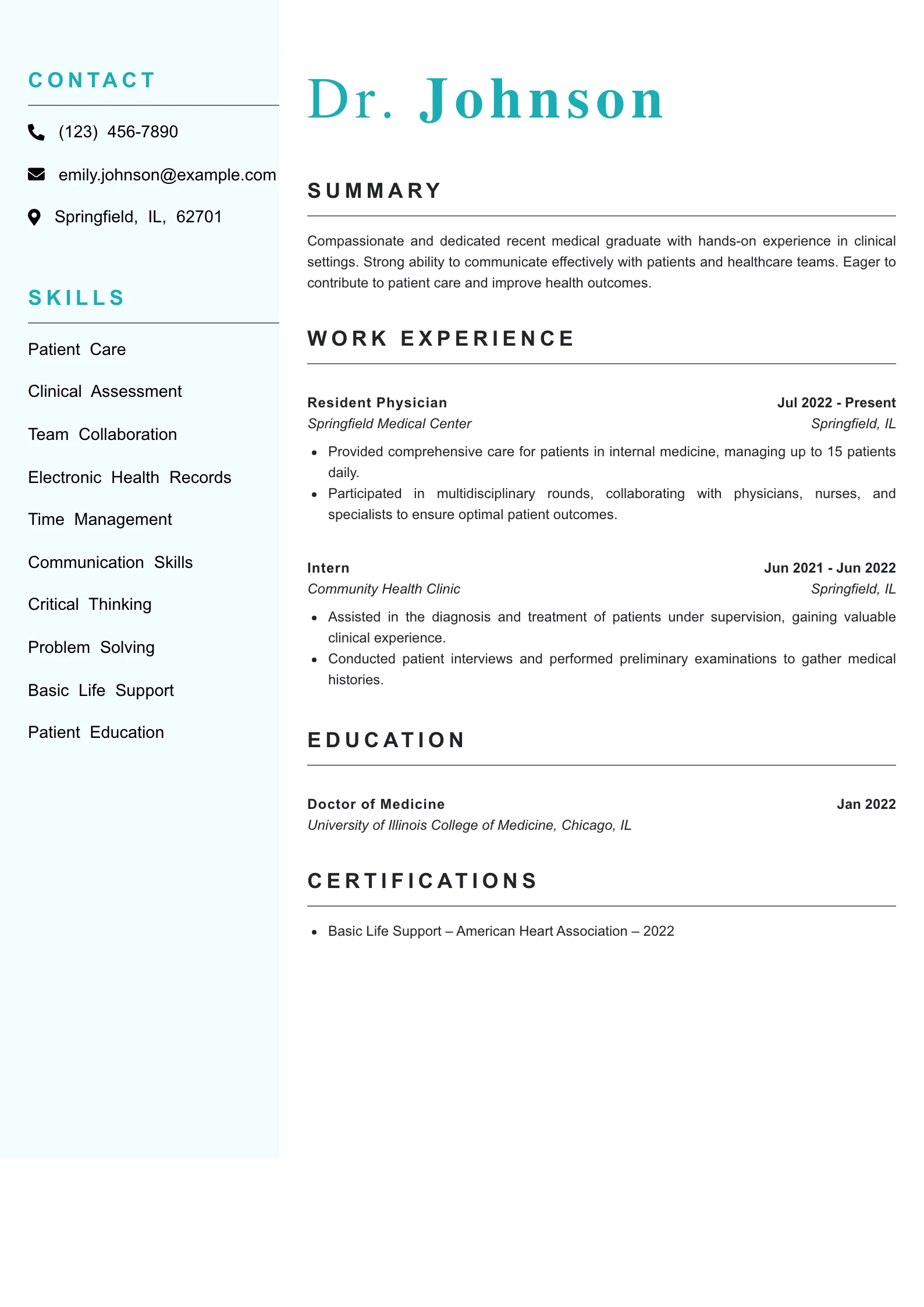 Entry Level Physician Resume Example