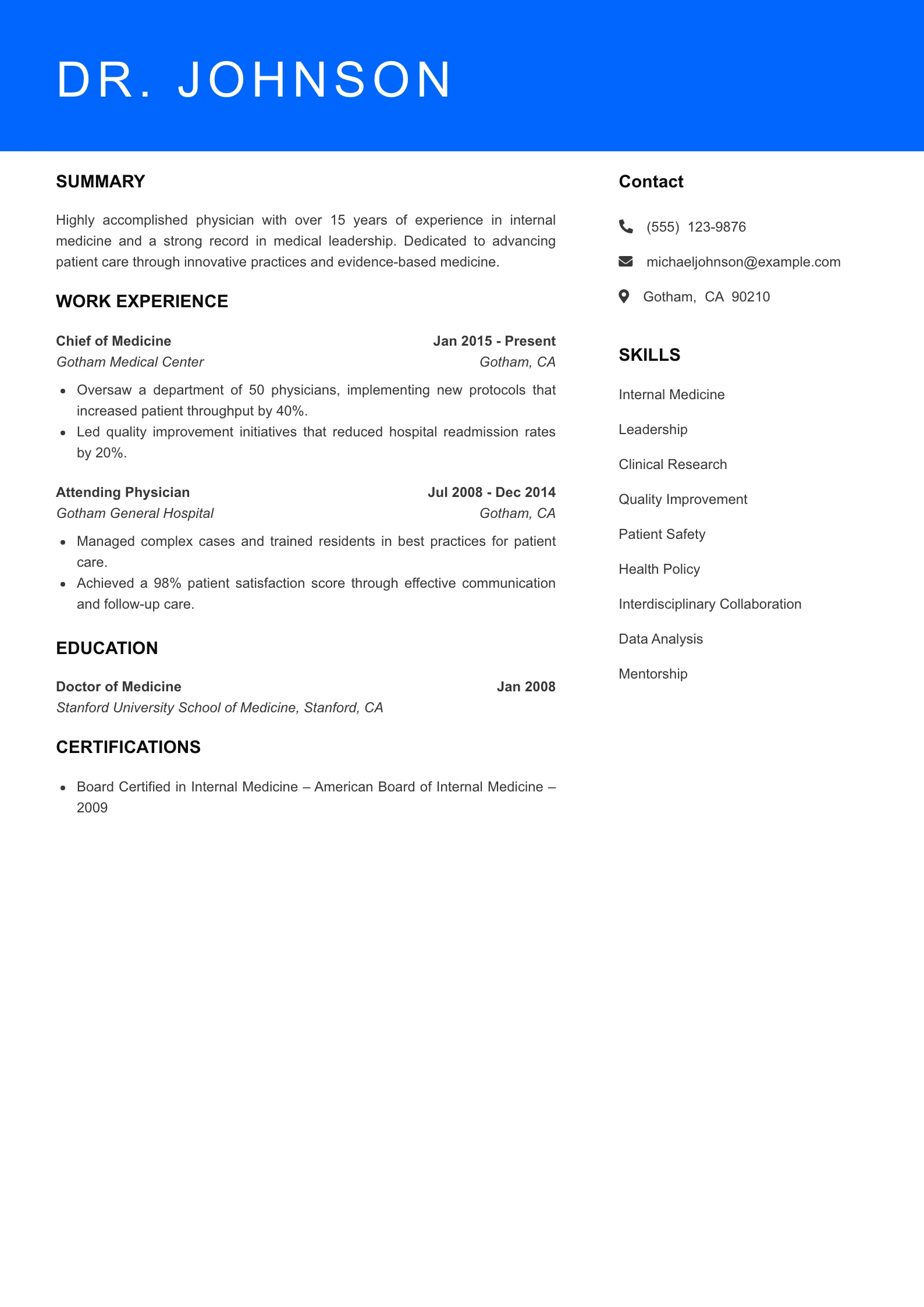 Senior Level Physician Resume Sample