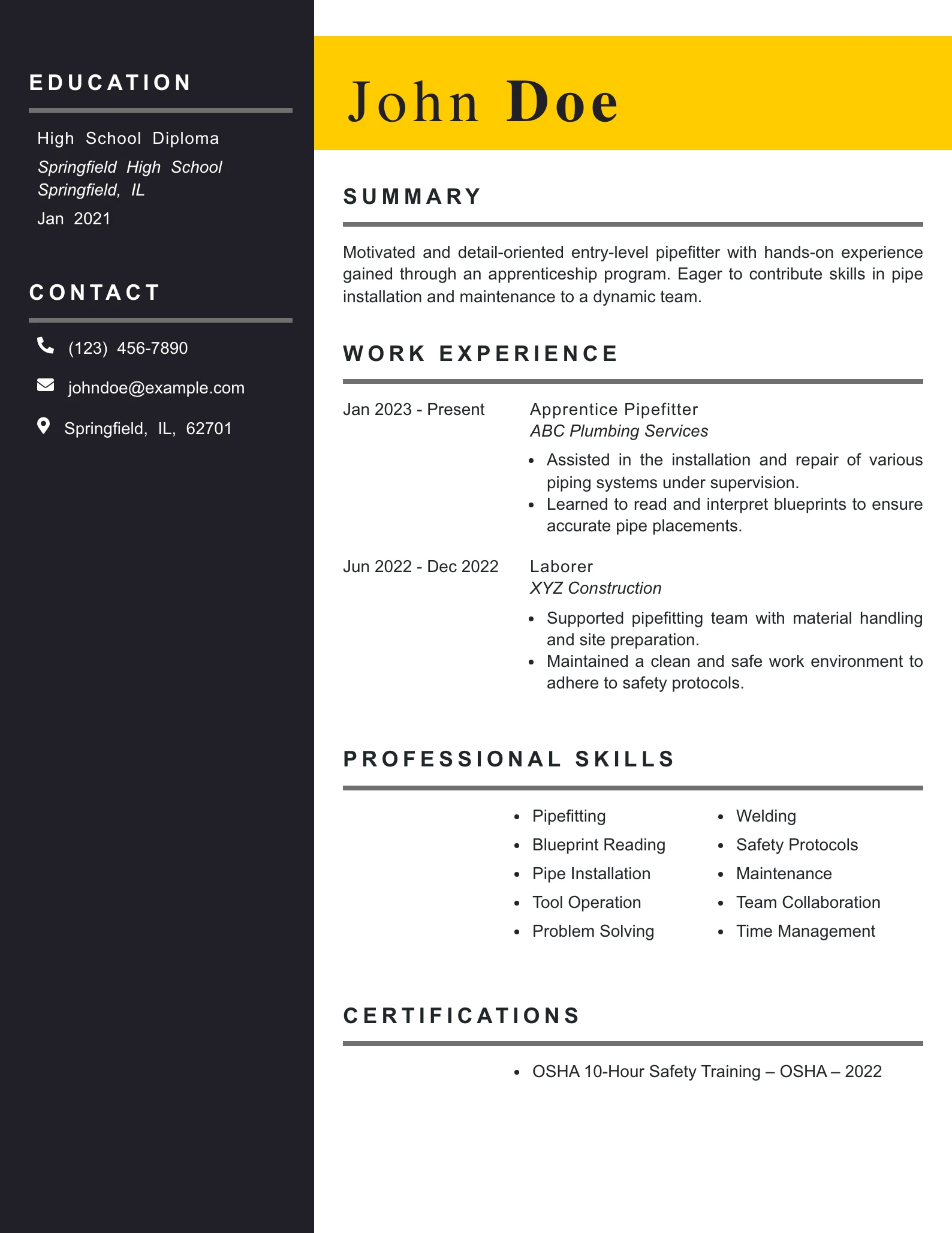 Entry Level Pipefitter Resume Example
