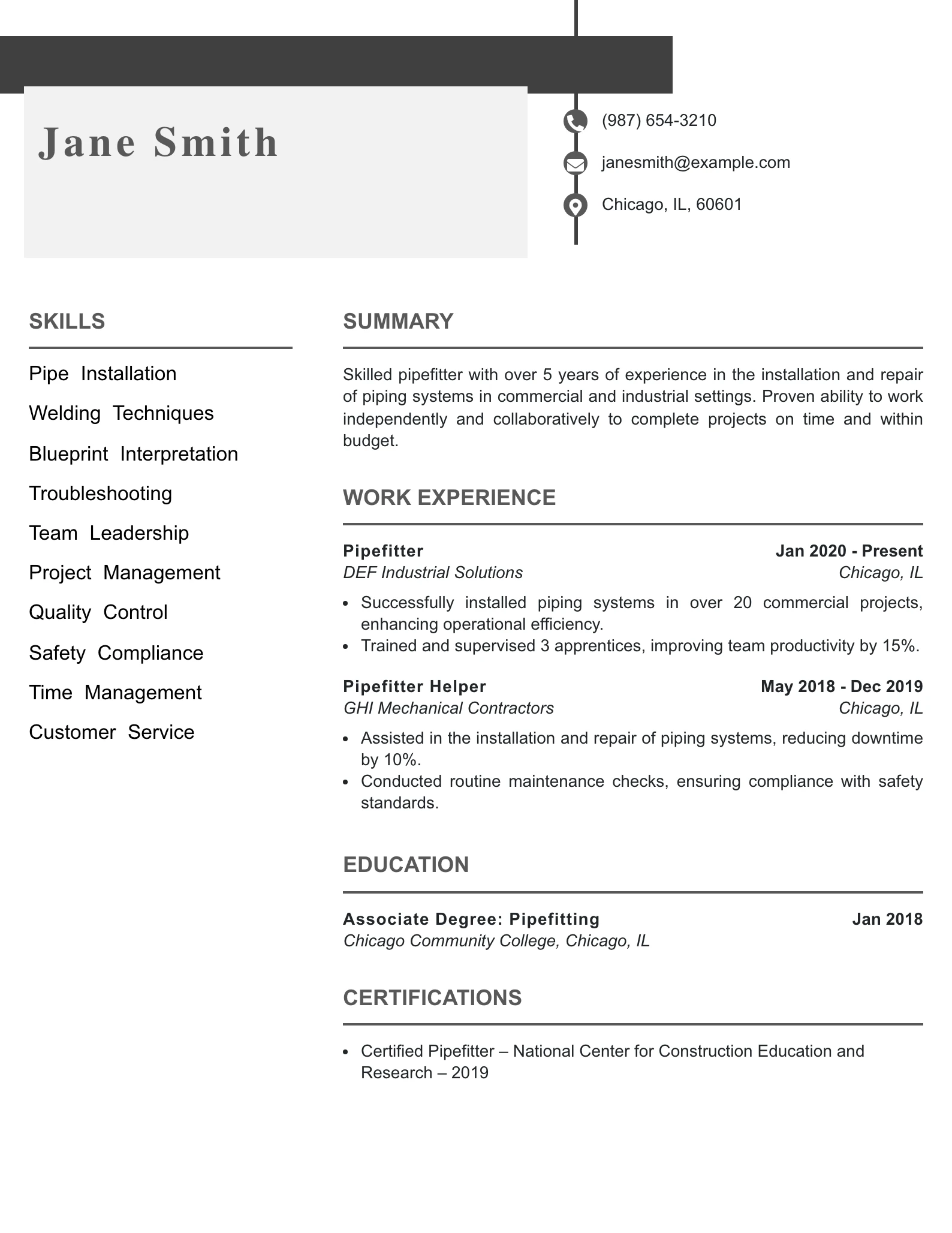 Mid Level Pipefitter Resume Example