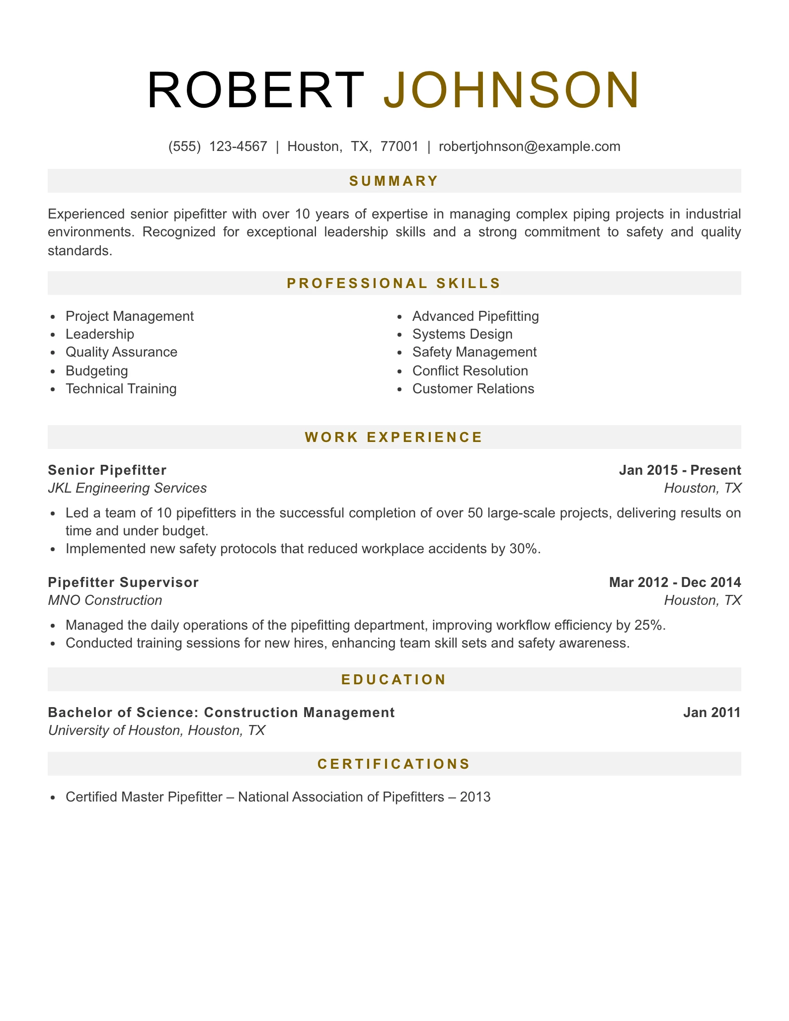Senior Level Pipefitter Resume Example