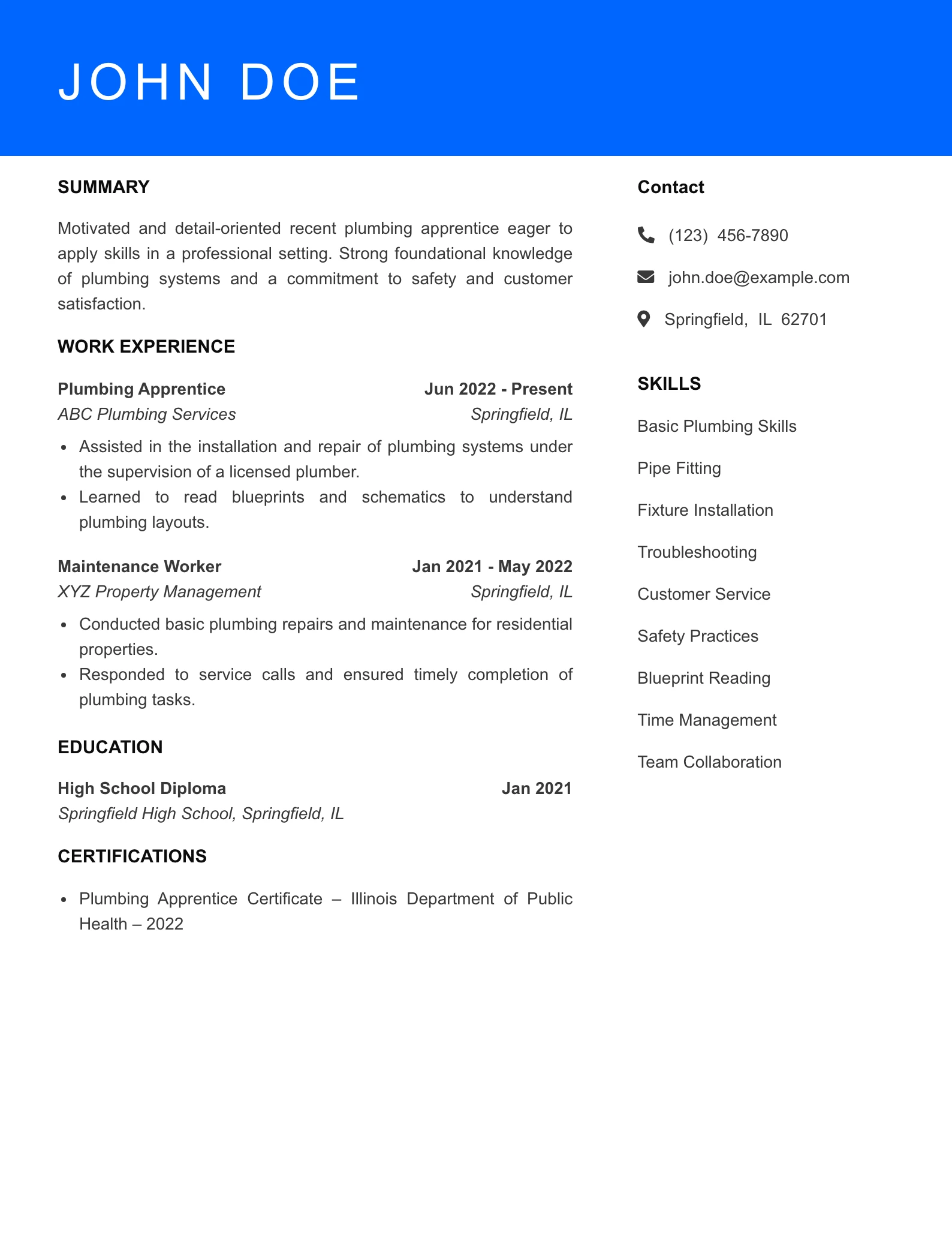 Selected Plumber Resume