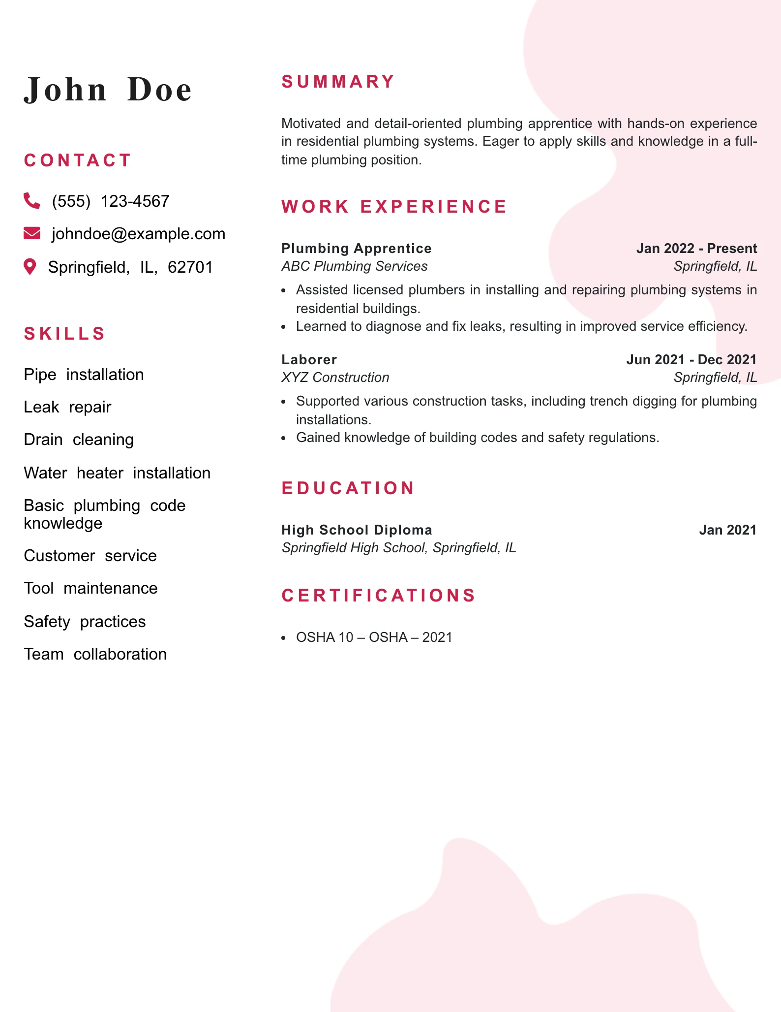 Entry Level Plumber Resume Example