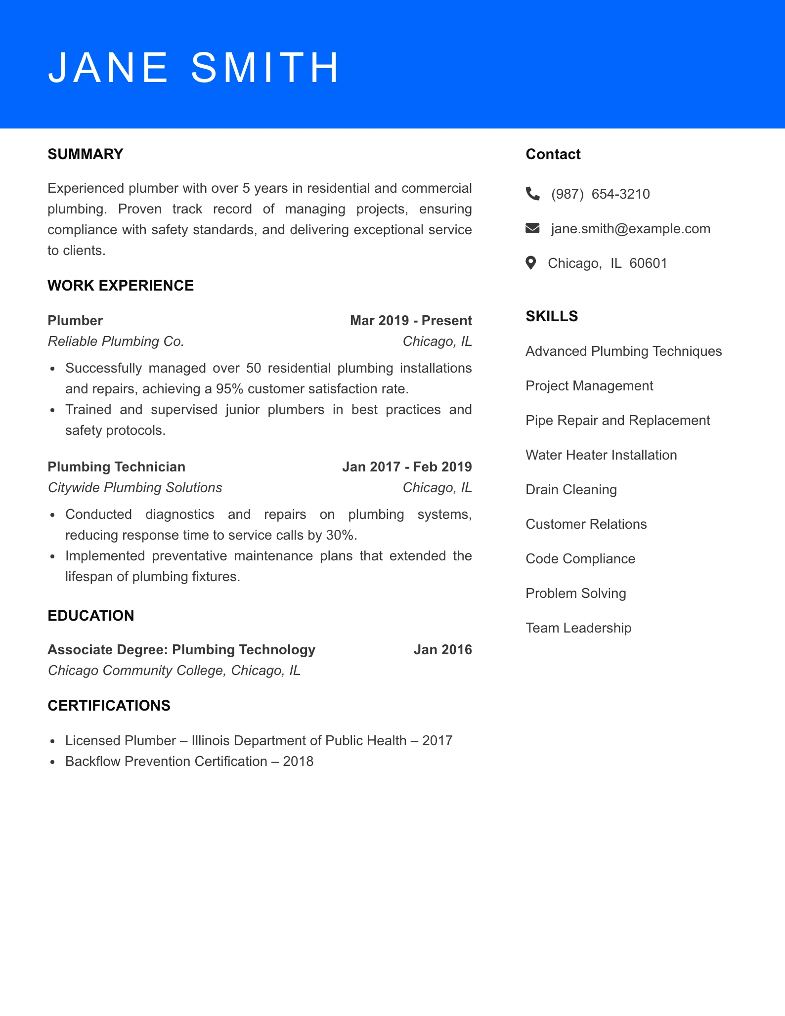 Mid Level Plumber Resume Sample