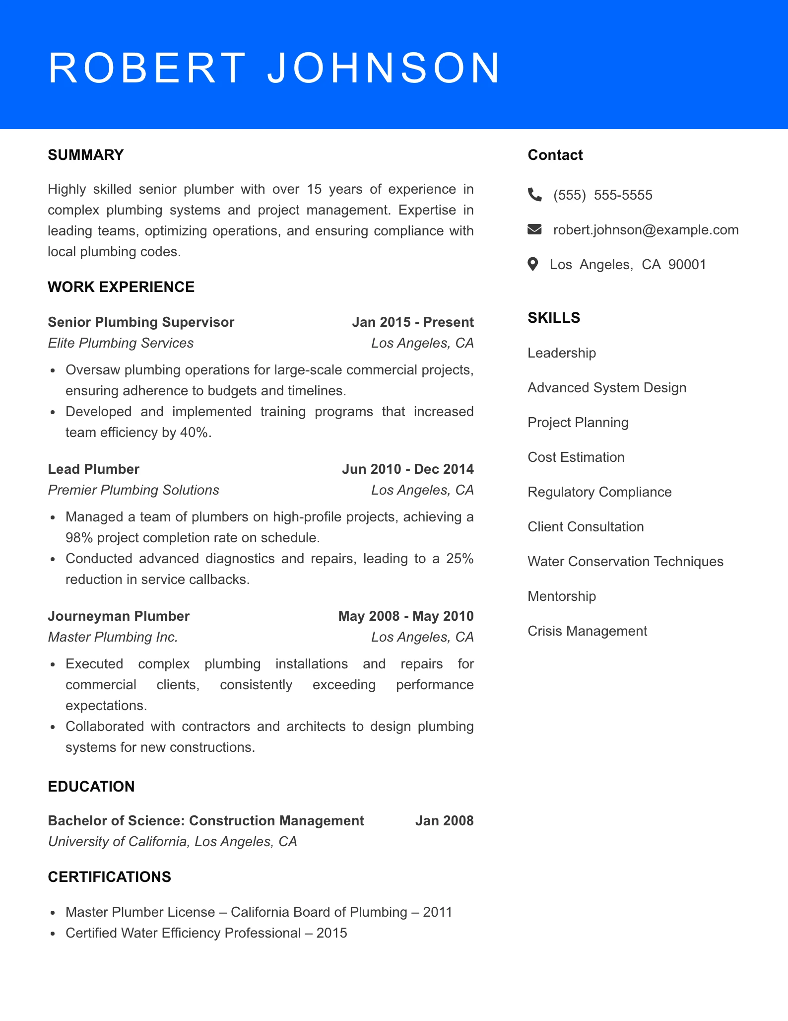 Senior Level Plumber Resume Sample