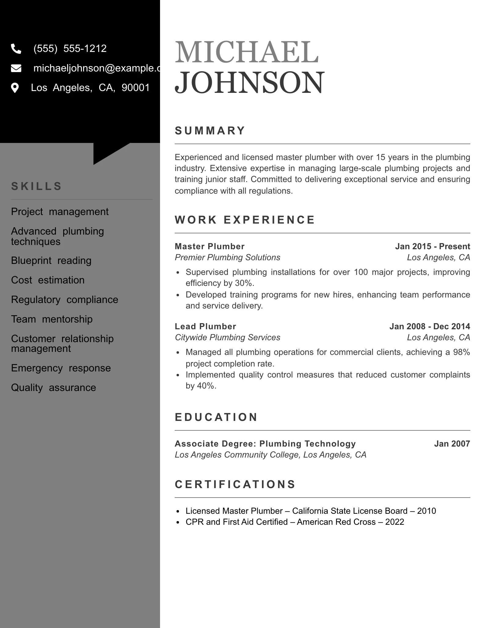Senior Level Plumber Resume Example