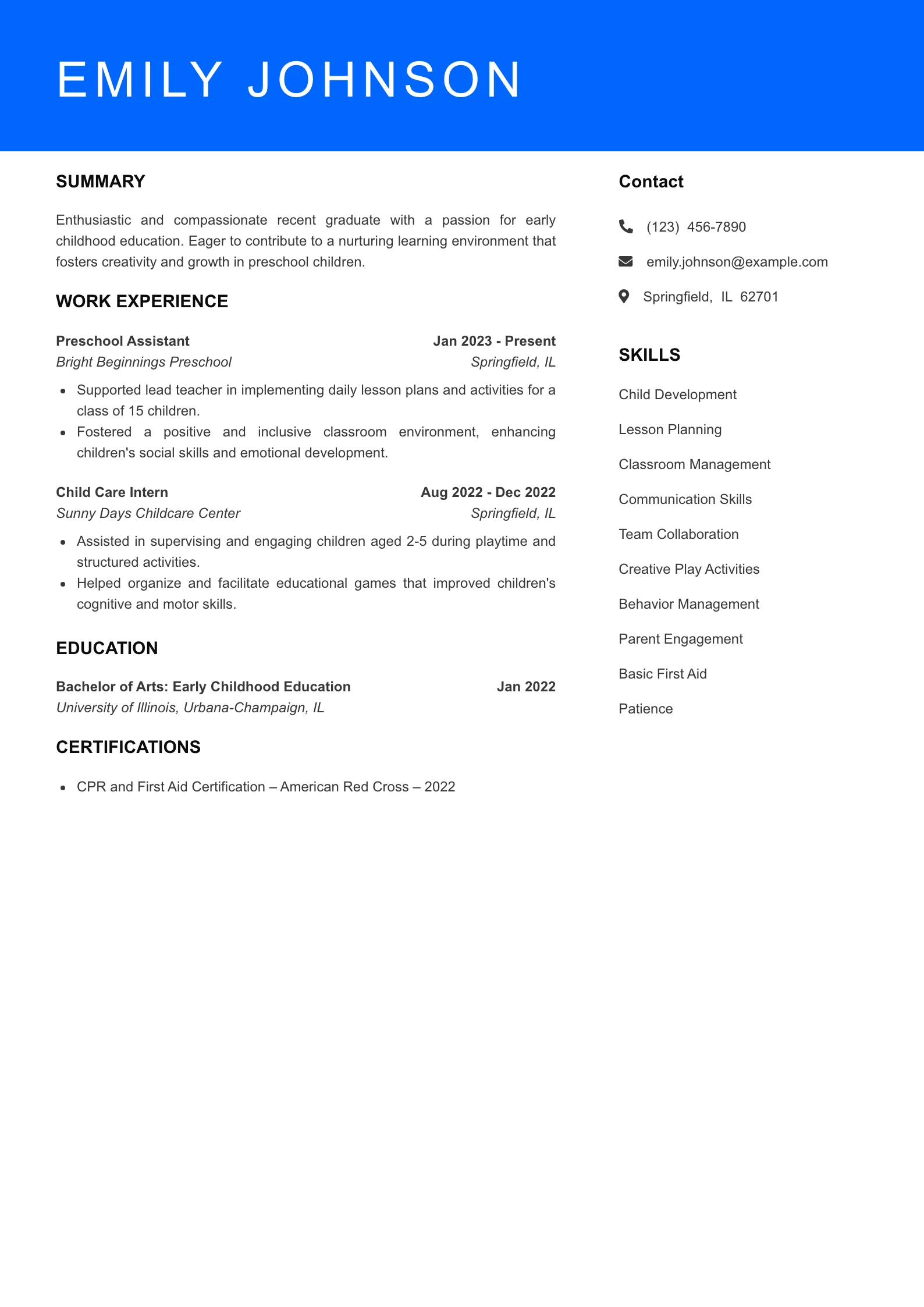 Selected Preschool Teacher Resume