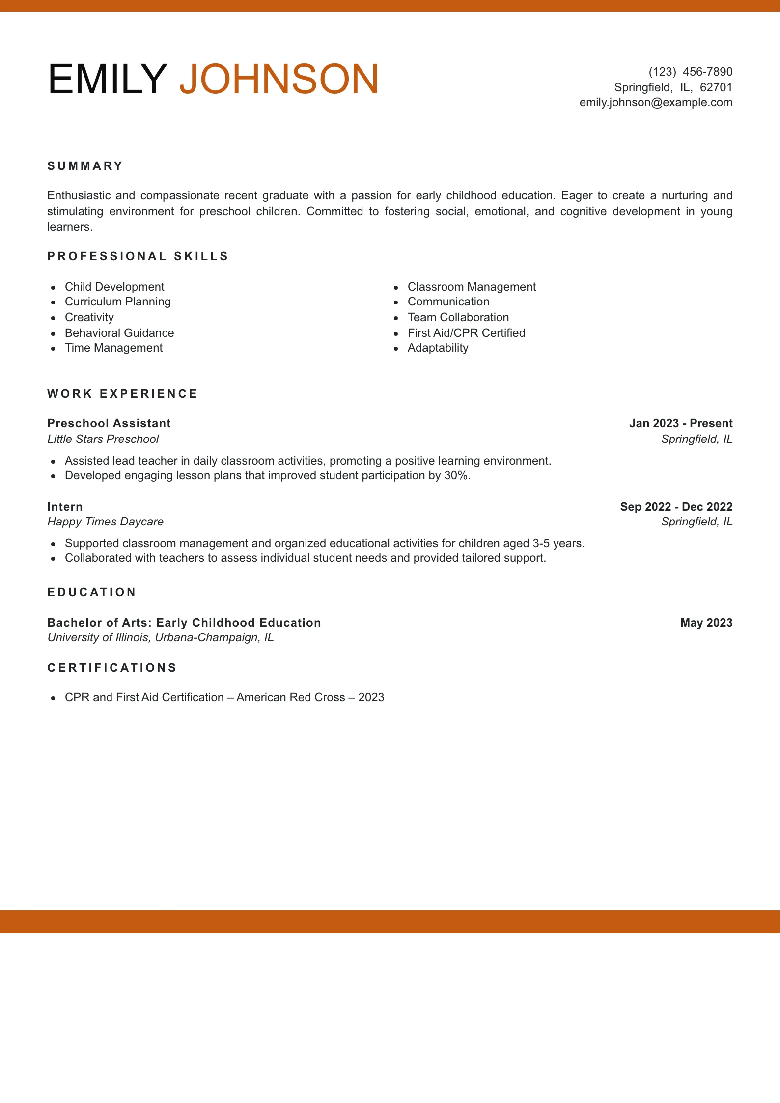 Entry Level Preschool Teacher Resume Example