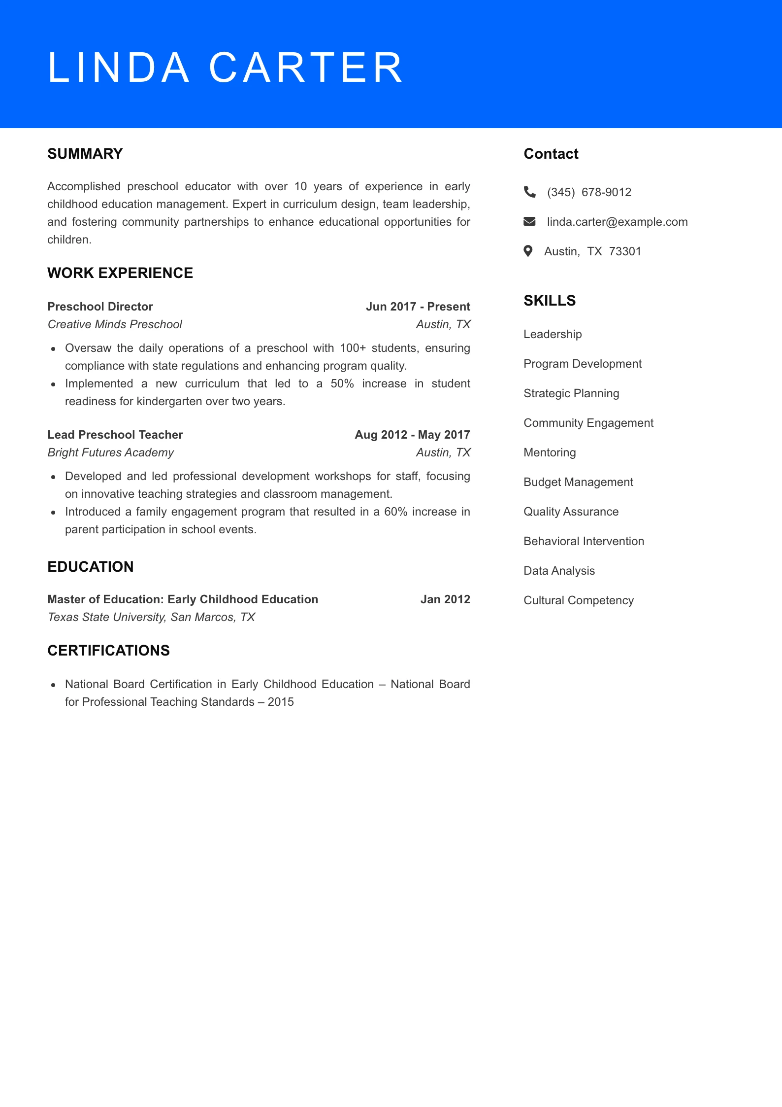 Senior Level Preschool Teacher Resume Sample