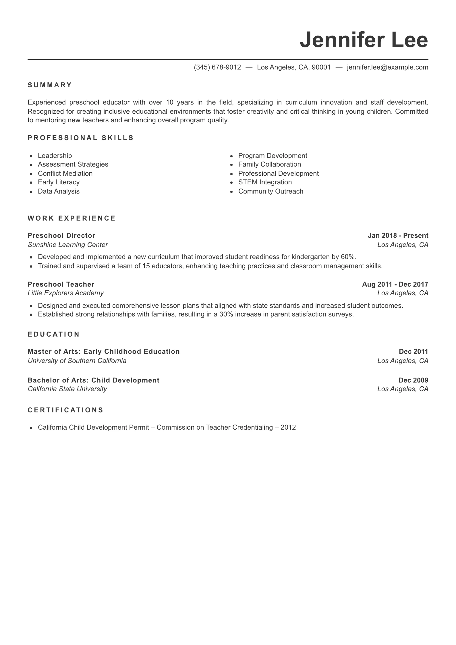 Senior Level Preschool Teacher Resume Example