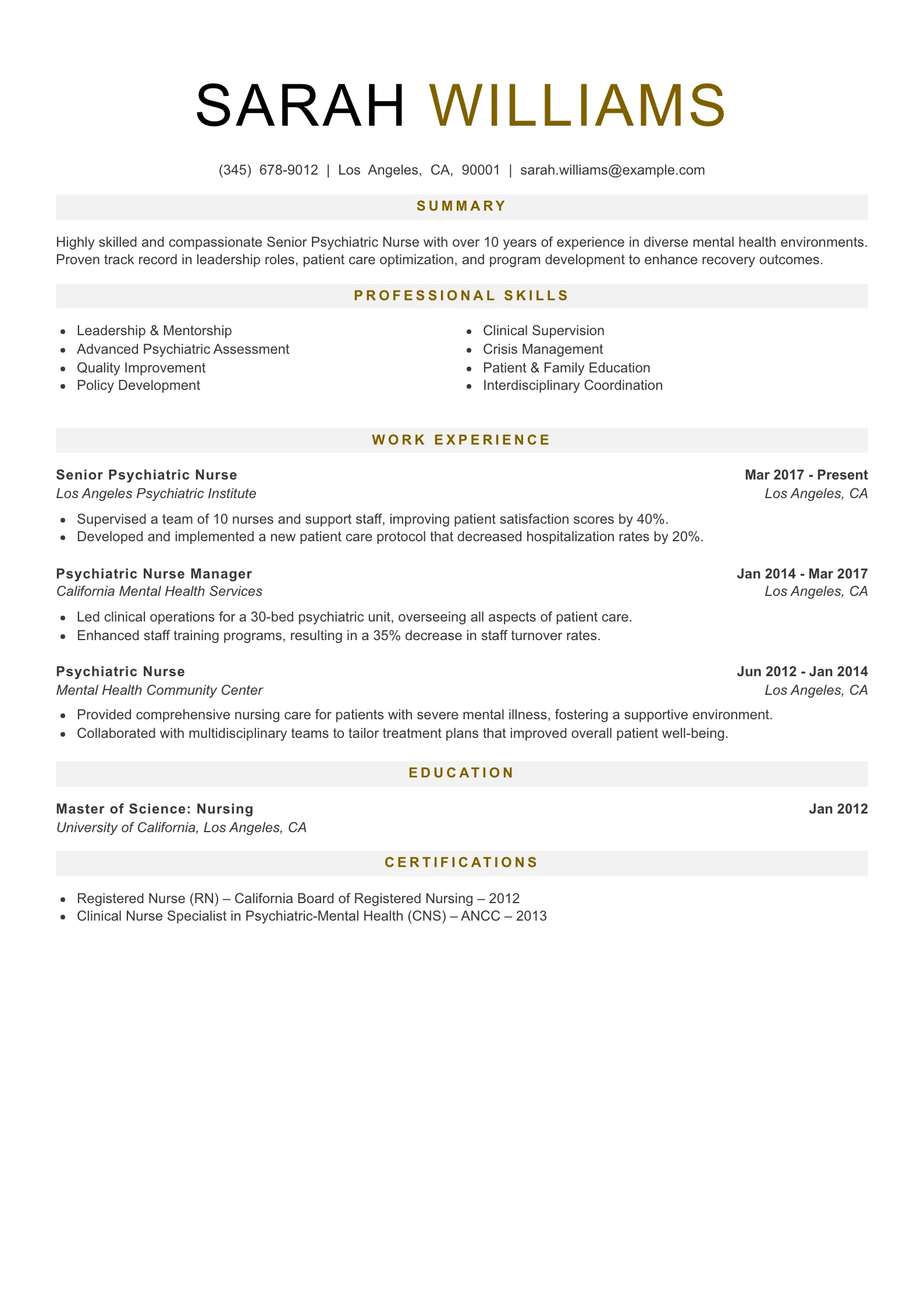 Senior Level Psychiatric Nurse Resume Example